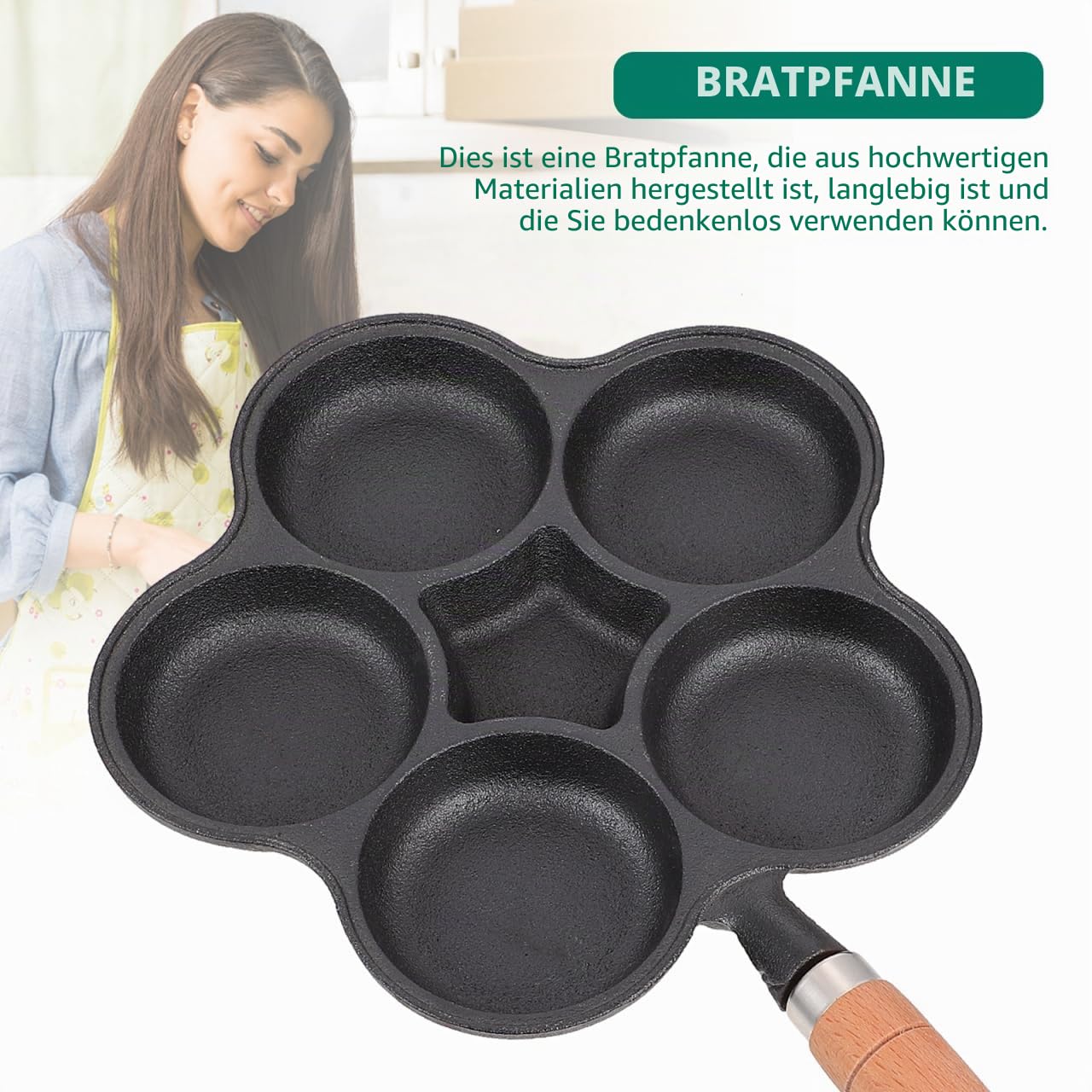 Gusseisen Eierpfanne mit 5 Löchern 5 Fach Spiegelei Pfanne mit Holzgriff Anti Heiß Griff Hamburger Form für Herd Induktion Küchenbratpfanne für Schnelles Kochen