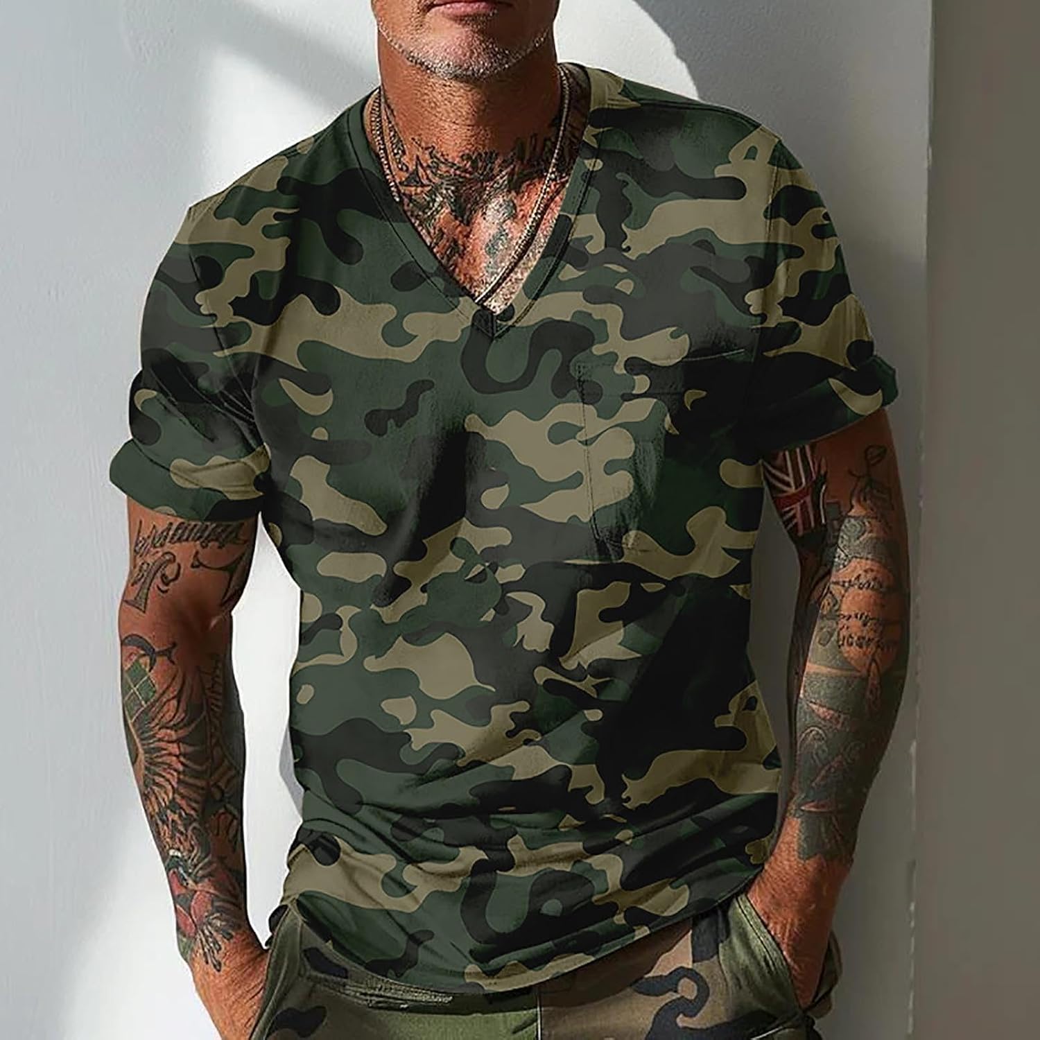 Men's Camouflage T-Shirts Short Sleeve Military Style V Neck Shirts Tops Soft Stretch Tactical Outdoor Tees