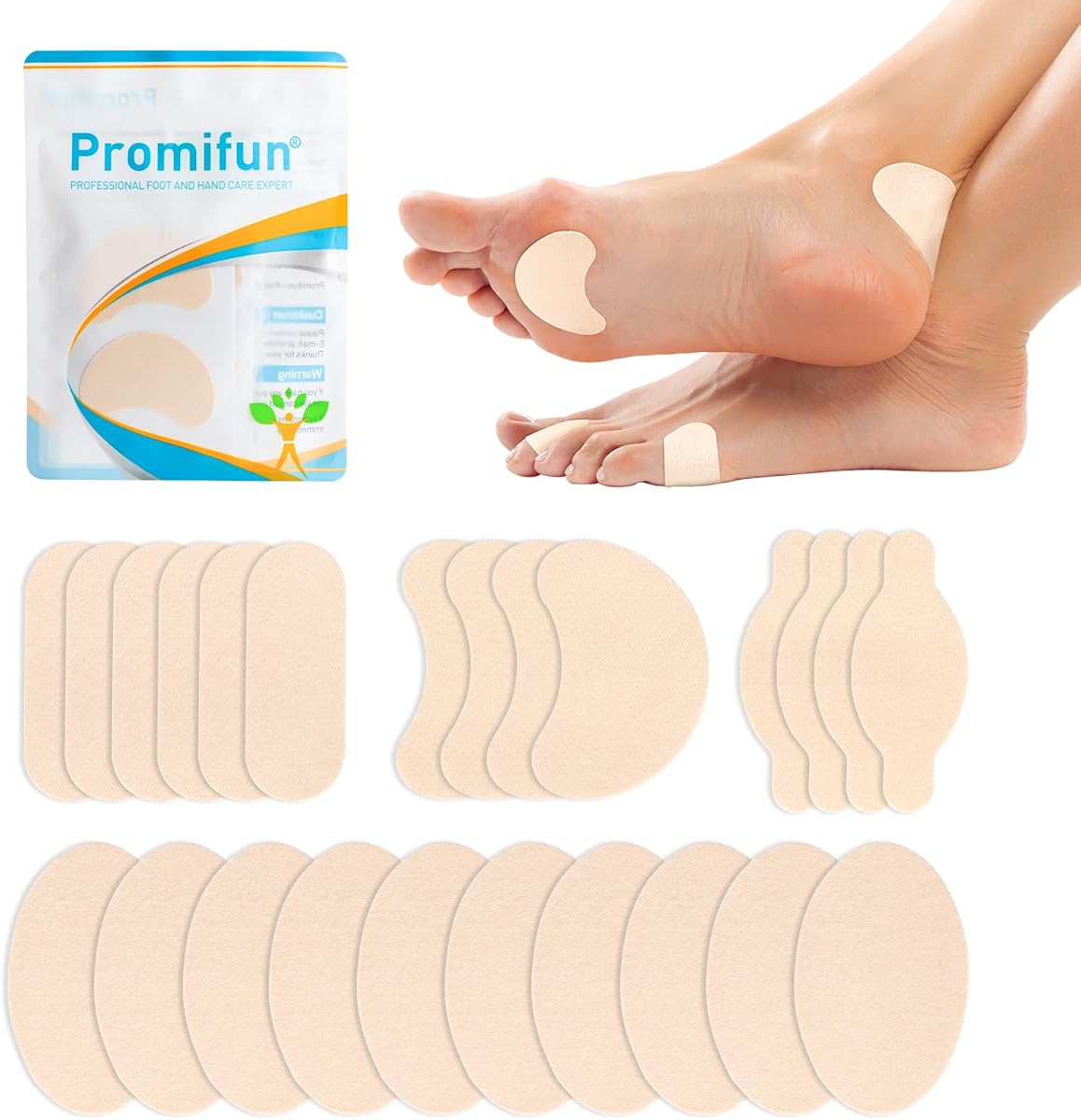 Promifun Moleskin Strips with Adhesive Blister Prevention Pads,Beige 24 Pcs | Mole Skin Tape Stickers for Feet Heel Shoes Padding- 4 Pre-Cut Shape Blisert Bandage for Feet,Traveling Essentials