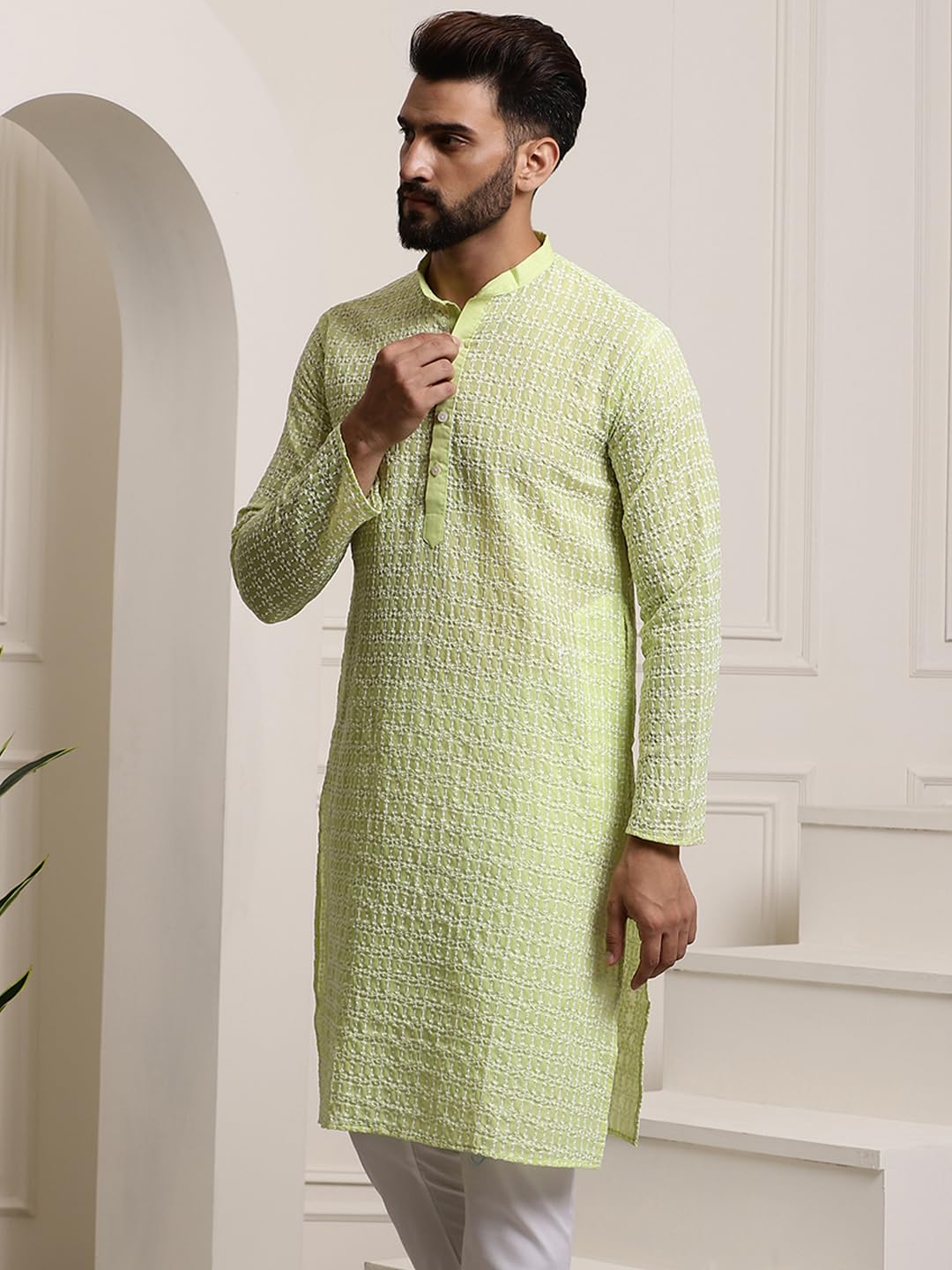 Sojanya (Since 1958 Men's Pure Cotton Green Long Kurta With White Embroidery