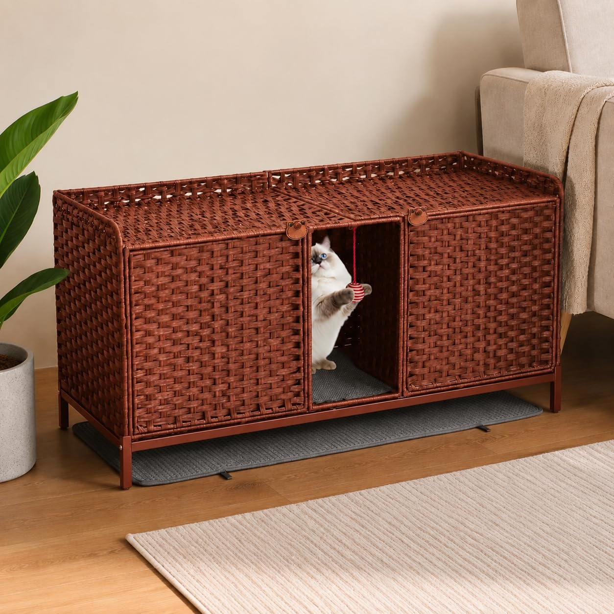 Garvee Katzenklo-Schrank aus handgeflochtenem Rattan, geruchsreduzierende Doppelbox für 2 Katzentoiletten, mit Tür, Belüftung, erhöhten Metallfüßen, Streumatte & S-Haken, Braun