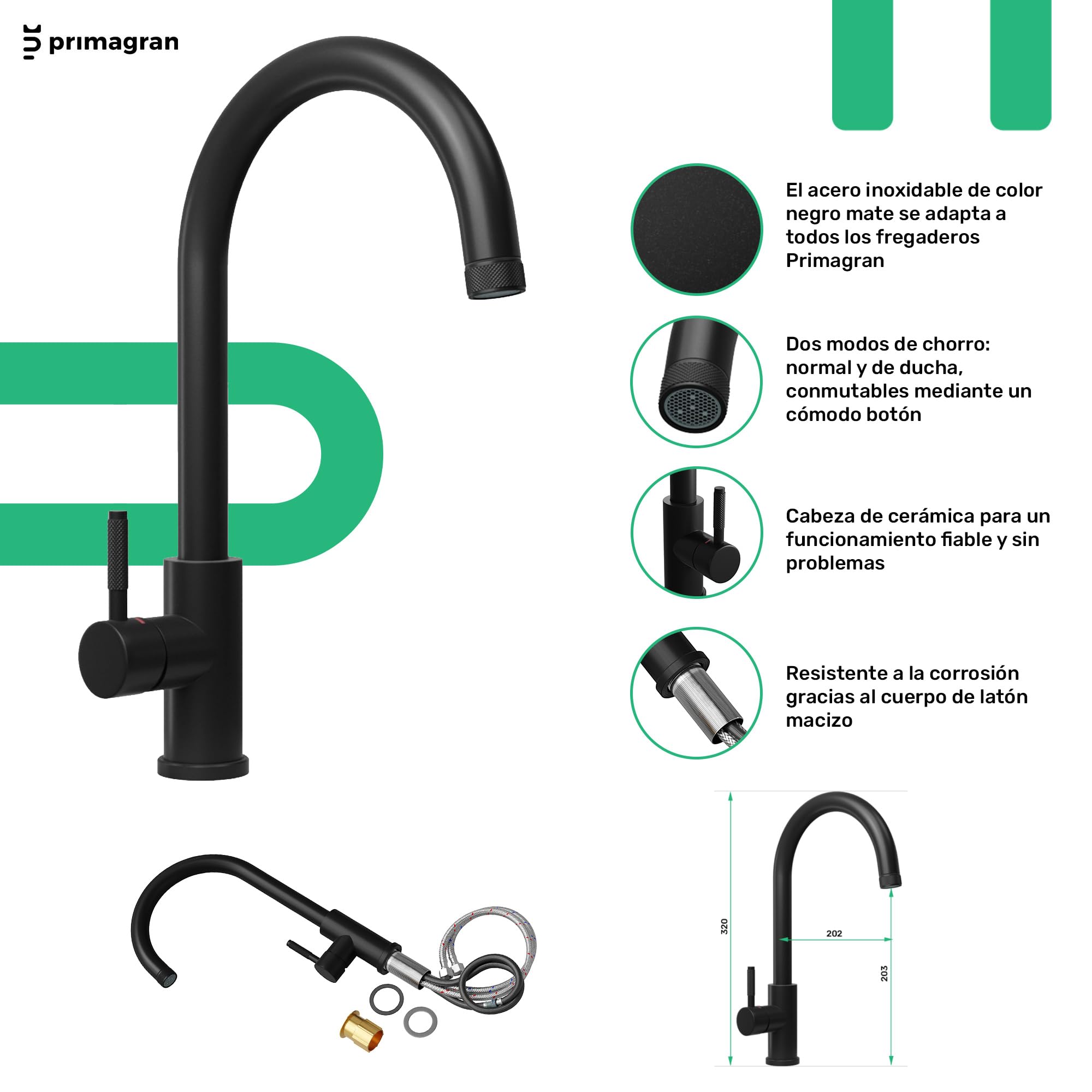 PRIMAGRAN Fregadero Granito Negro - Milano, 62x50cm | Cocina 1 Seno + Grifo 32x20cm + Set de accesorios, sobre Encimera al Mueble 40cm (S009)