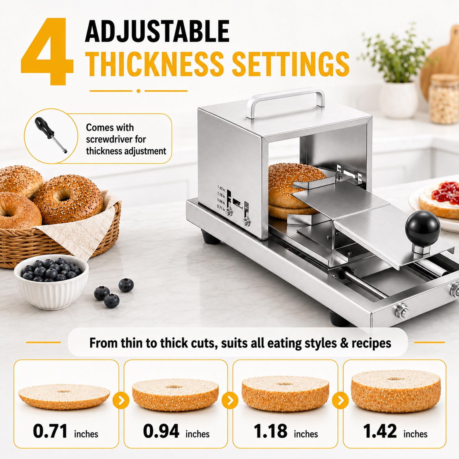 MIAOXIAOLONG Rebanador Manual De Bagel De Acero Inoxidable para Uso Doméstico Y Comercial - Cortador Ajustable con 4 Niveles De Grosor, Apto para Lavavajillas, Panaderos