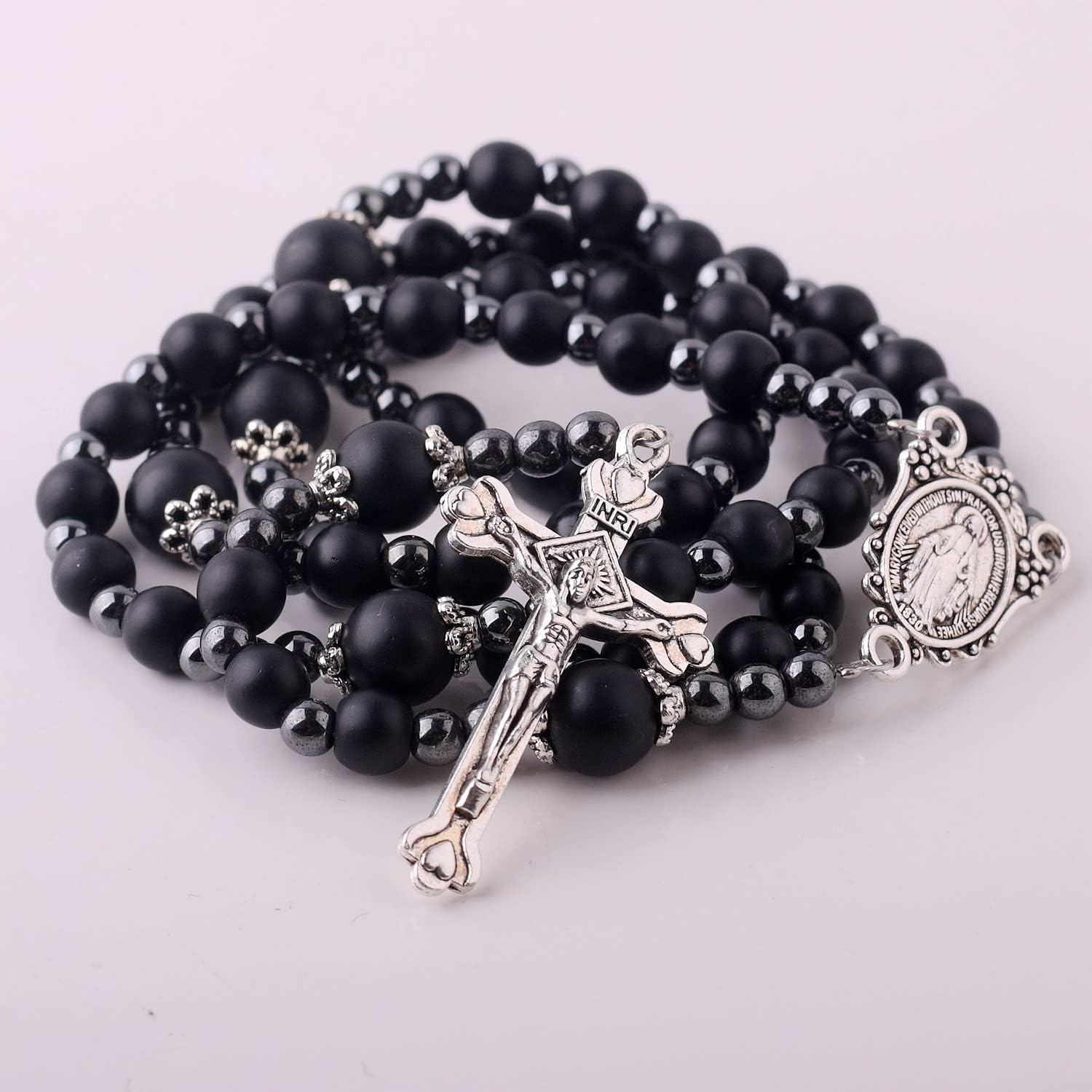 HanlinCC 6mm Black Glass Beads with 4mm Hematite Black Stone Beads Rosary Necklace with Miraculous Center piece and Crucifix pack in Velvet Gift Bag for Men and Women - Image 6