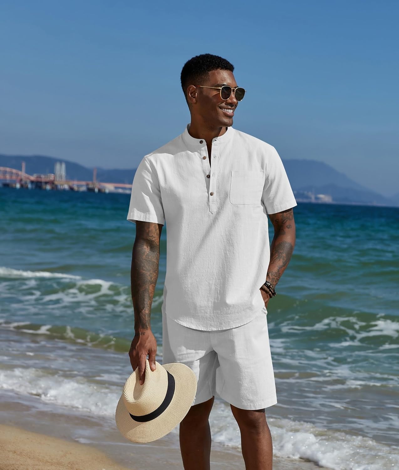 COOFANDY Men's 2 Piece Cotton Linen Sets Summer Beach Outfits Casual Short Sleeve Henley Shirts and Vacation Shorts - Image 2
