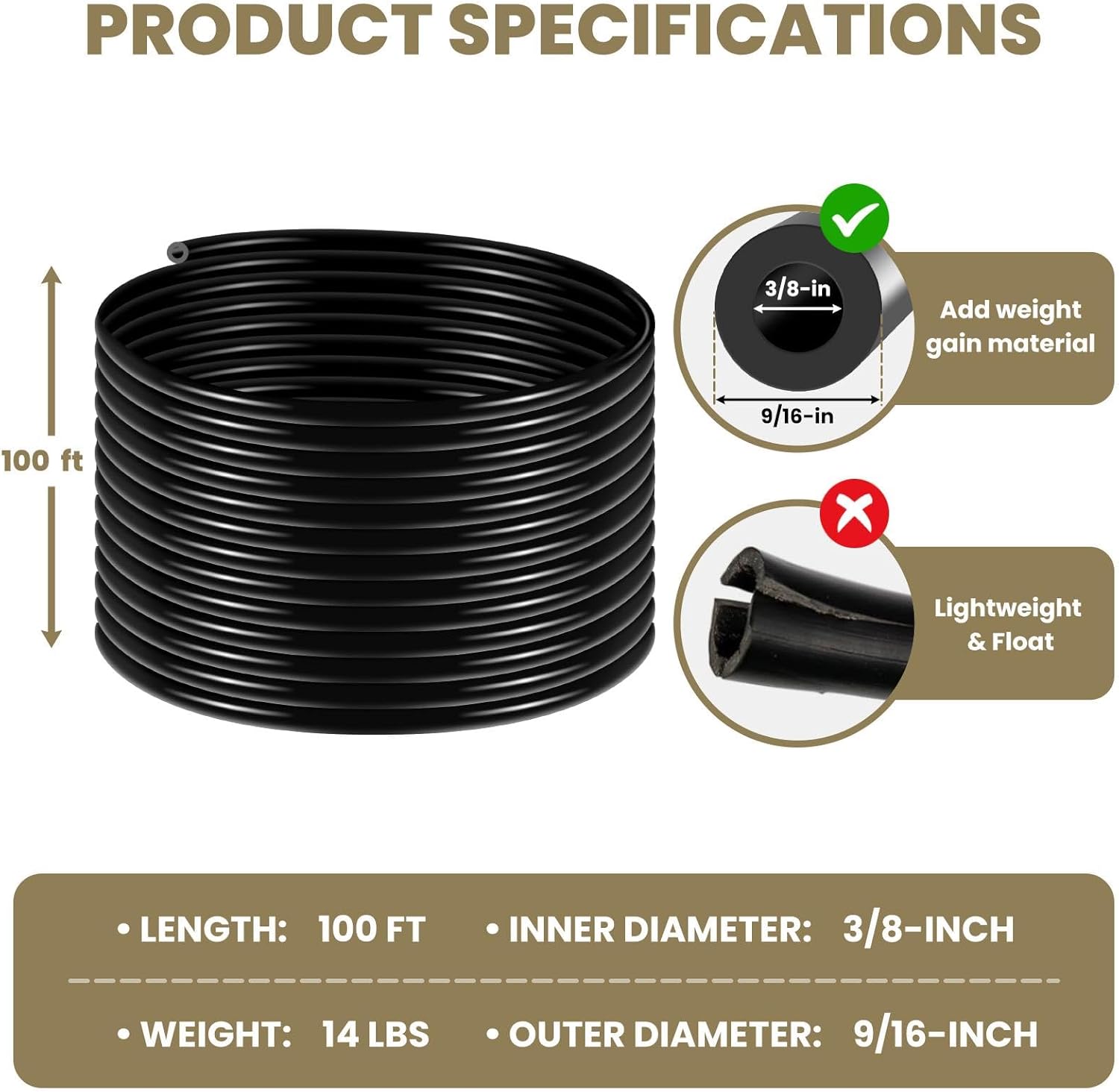 Aerator Pond Hose, 100 Feet in Length, Inner Diameter of 3/8 Inch, Pond Hose Comes with 8 Stainless Steel Clamps and 4 3/8-Inch Copper Repair Clamps Made of PVC (100, Inches)