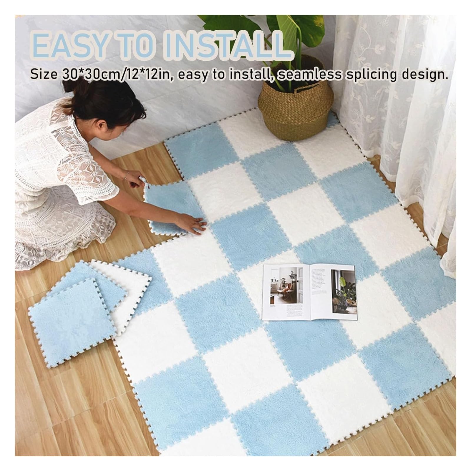 Weiche Plüschmatte Spleißmatten Krabbelmatte, 10 Stück 12 x 12 x 0,4 Zoll dicker weicher quadratischer Plüschschaum-Teppichfliesenbereich, Spielteppich for den Zimmerboden, DIY-Schaumstoff-Puzzle-Spie