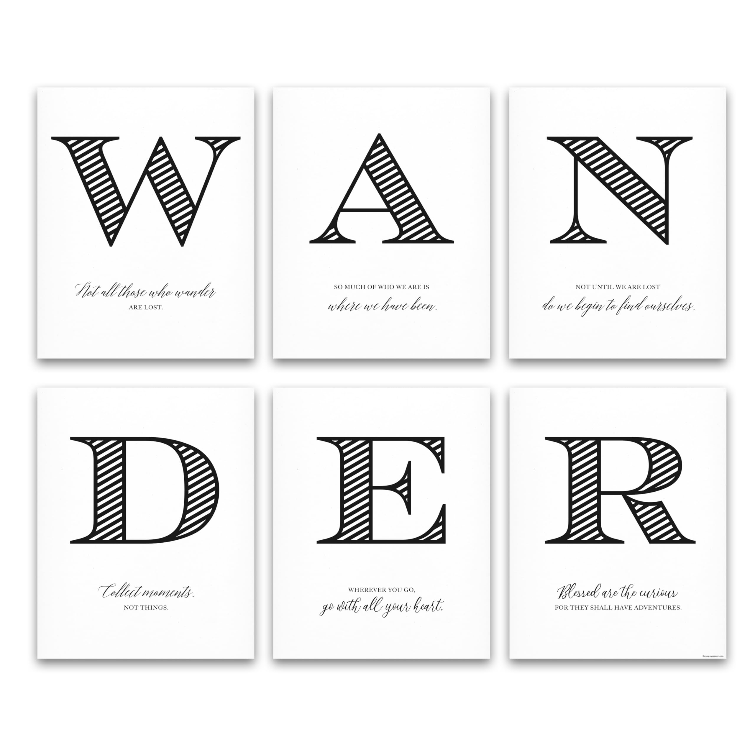 Stamp My Passport Wander Travel Wall Art Set | 6 Unframed 8x10 Black and White Inspirational Prints (Speckled White)