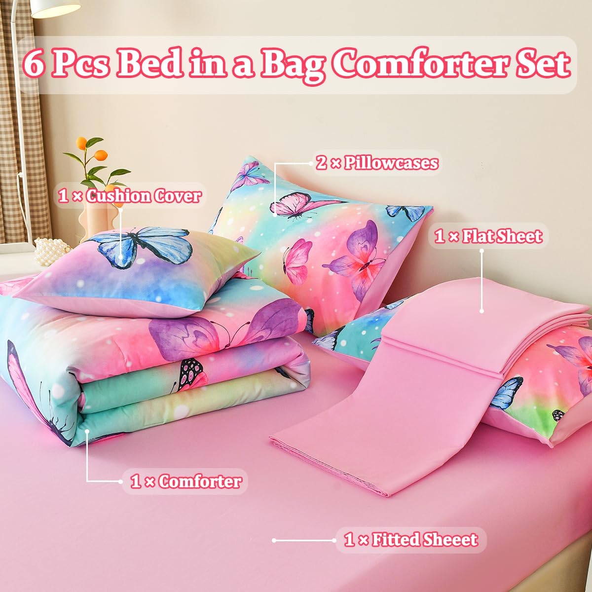 6 Pcs Bed in A Bag Full Comforter Set for Girls,Pink Butterfly Bedding,Butterfly Comforter Sets with Sheets for Kids Teens - Image 2