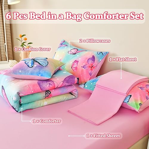 Miniatura 2 de Tasselily Juego de ropa de cama de mariposa tamaño matrimonial, juego de edredón de mariposa rosa para niñas, niños y adolescentes, 6 piezas de cama