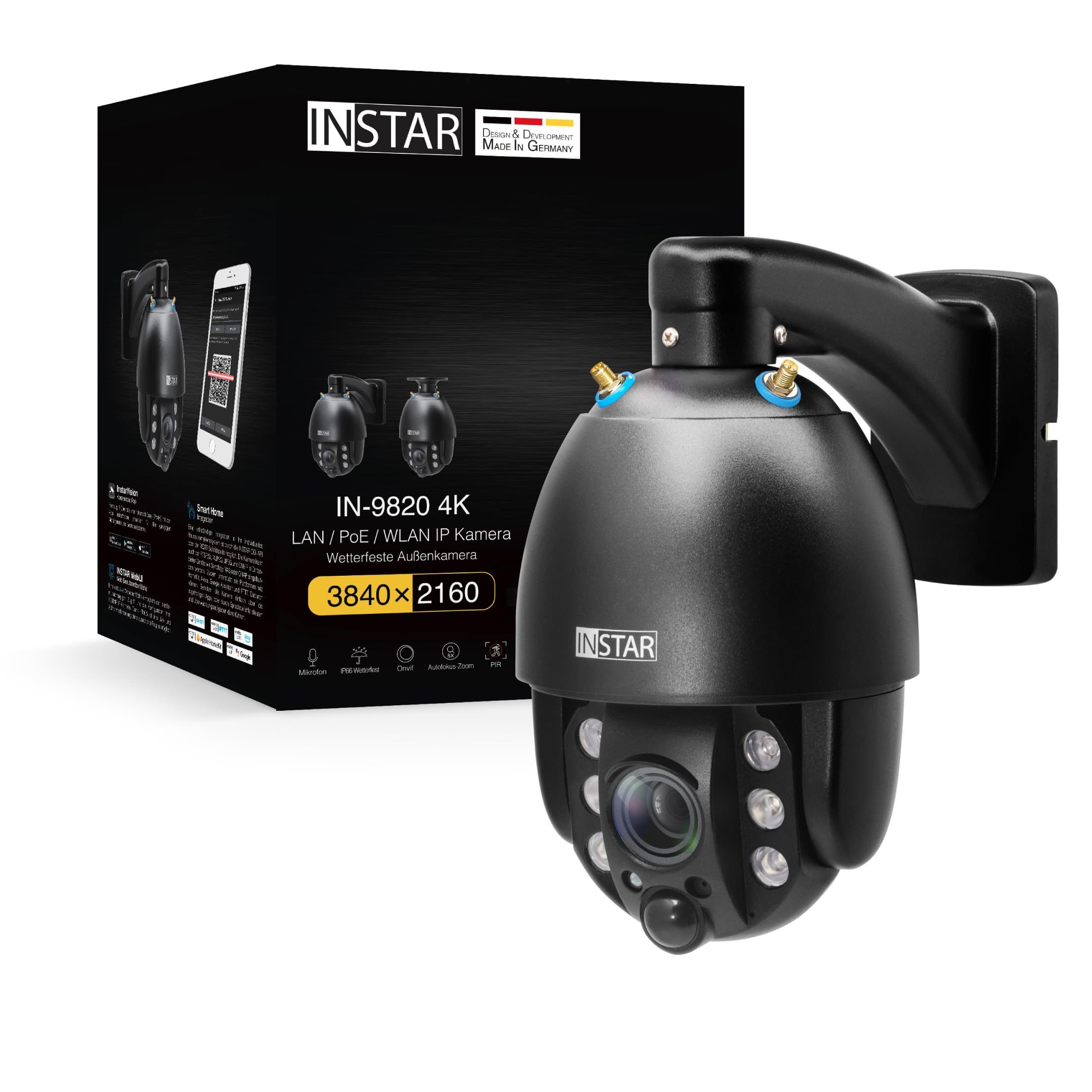 INSTAR IN-9820 4K Outdoor Security Camera Black, LAN/Wi-Fi/PoE, PTZ 5X Zoom, AI Detection, HomeKit Secure Video, 2-Way Audio, Night Vision, PIR, MQTT,