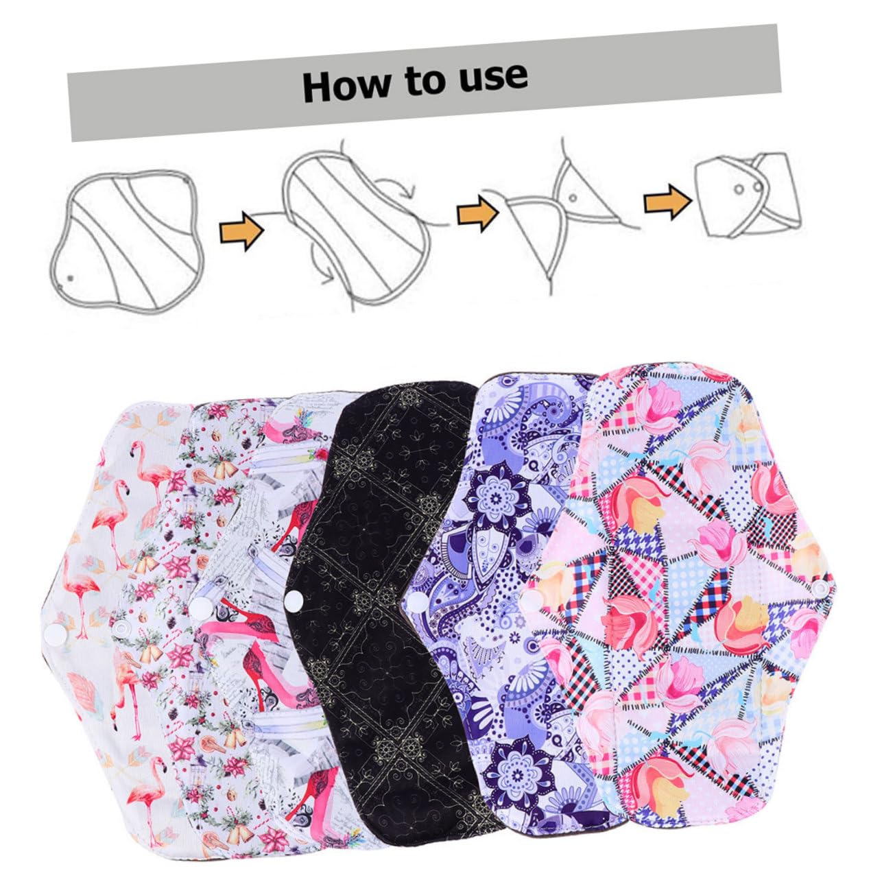 Toallas Menstruales Lavables 7 Piezas de Fibra de Carbón de Bambú | Alas y Broches de Fijación, Tacto Cómodo, para Flujo Abundante, Impermeables, Talla M Estilo Aleatorio