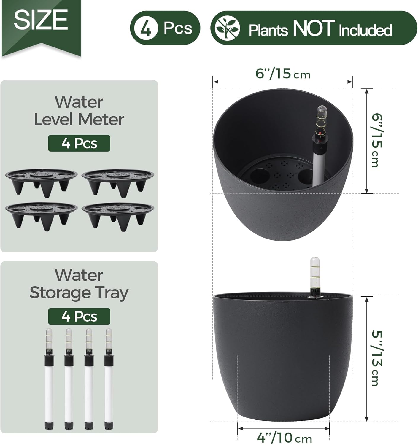 T4U 6 Inch Plastic Self Watering Planter with Water Level Indicator Black Set of 4, Modern Decorative Planter Pot for All House Plants, Flowers, Herbs, African Violets, Succulents