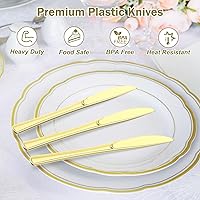 Vista 3 de Dealusy 100 unidades de cuchillos de plástico dorados resistentes desechables, libres de BPA, resistentes al calor, cuchillos desechables
