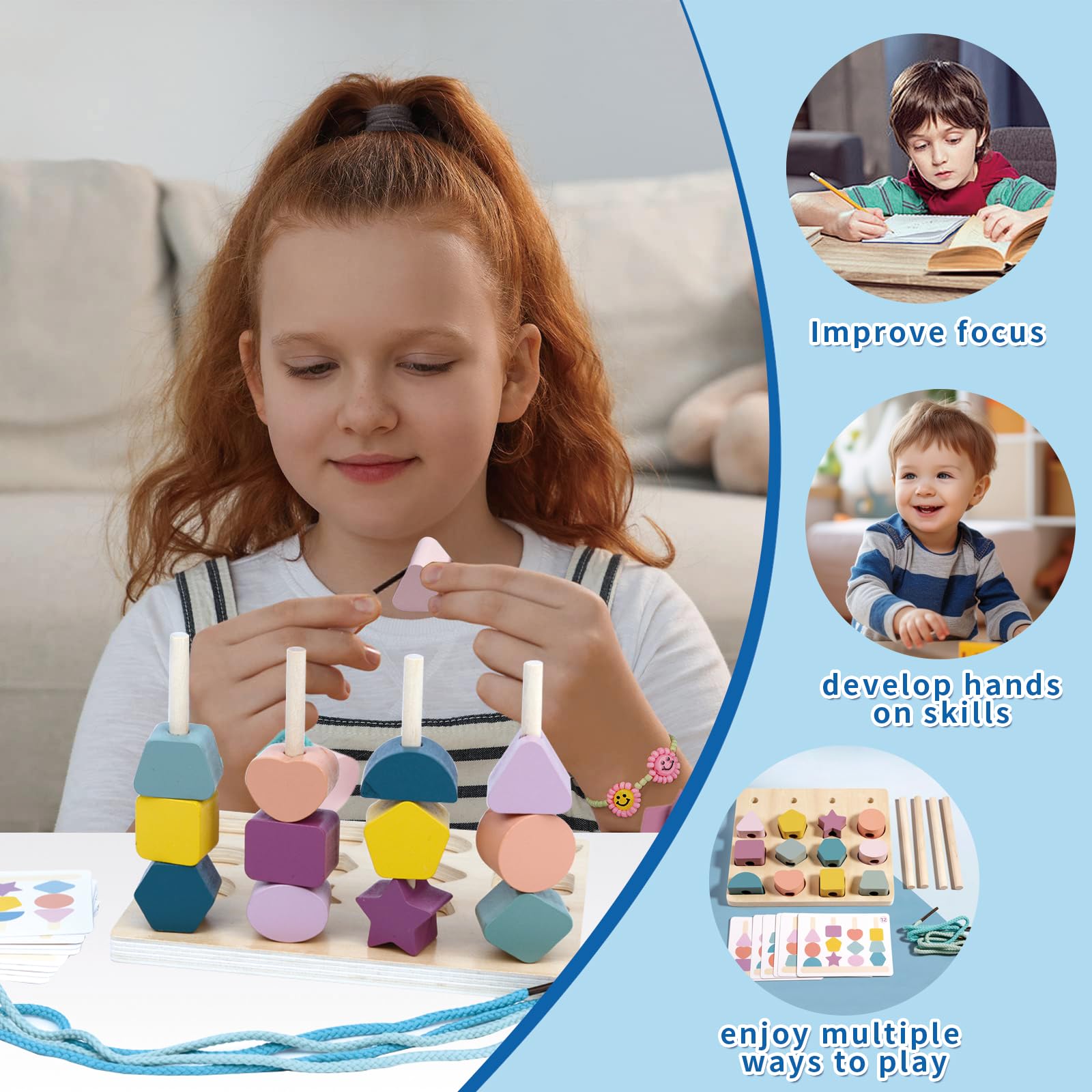 KUKUTrue® Montessori Toy for 2 3 4 5 Years, Wooden Stacking Toys, Threading Toys, Fine Motor Skills Toys for 2 Year Old - Image 3