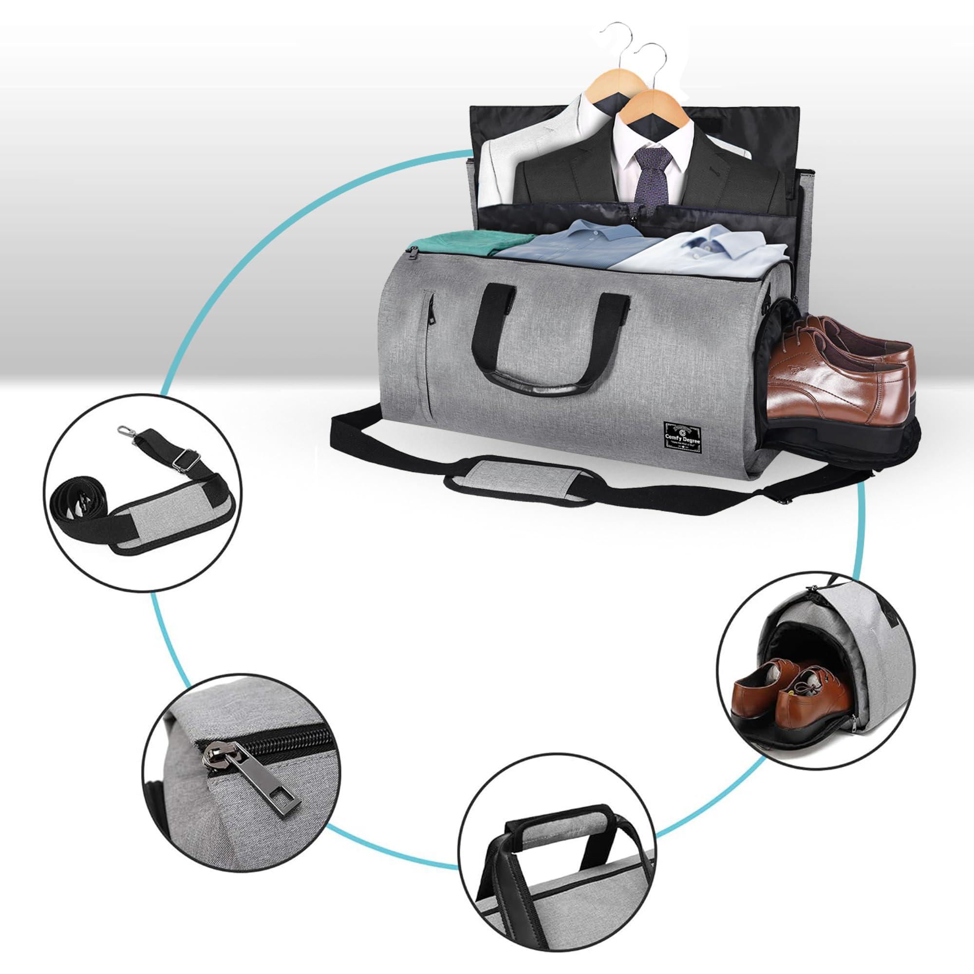 ComfyDegree Bolsas de Viaje Portatrajes de Viaje Portátil, Bolsa de Viaje Plegable Ideal para Negocios Hombres Mujeres, Bolsa de Deporte con Compartimentos para Zapatos y Correa Ajustable (Gris)