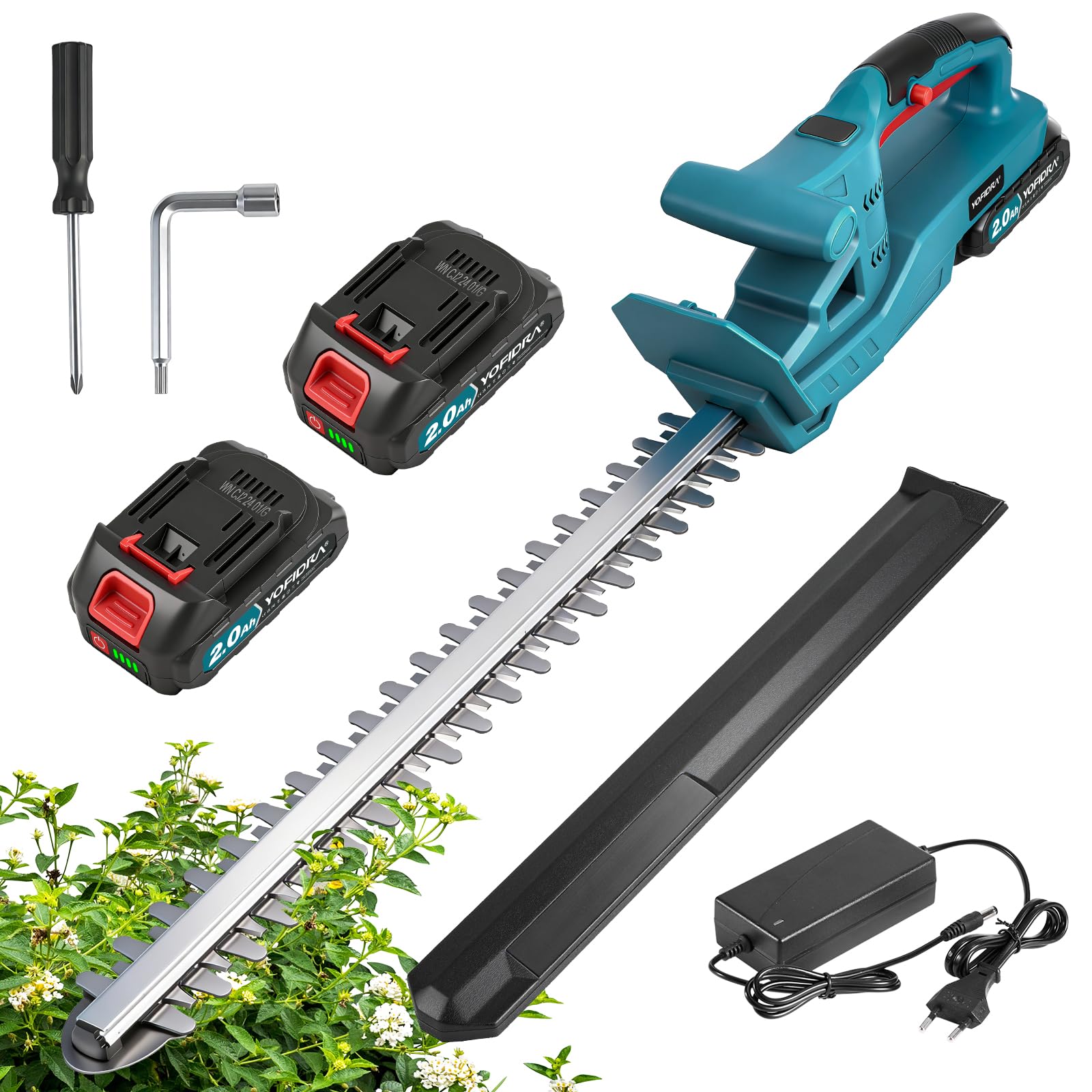 Yofidra Heckenschere Akku, 50cm Dual Schnittklingen Schnittlänge | Elektrische Heckenschere mit 2 x 2000mAh Akku & Ladegerät, 15mm Zahnabstand, Leichte Elektro-Heckenschere mit Schutzhülle