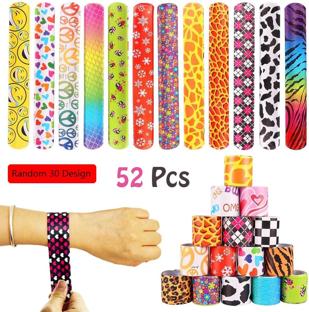VCOSTORE Slap Bracelets - Party Supplies Slap Bracelet 52 Pcs with Diverse Pattern, Animals, Heart Print Design, Retro Slap Wrist Bands for Kids Teens Adults Party Toys Prize Various Holiday Gift