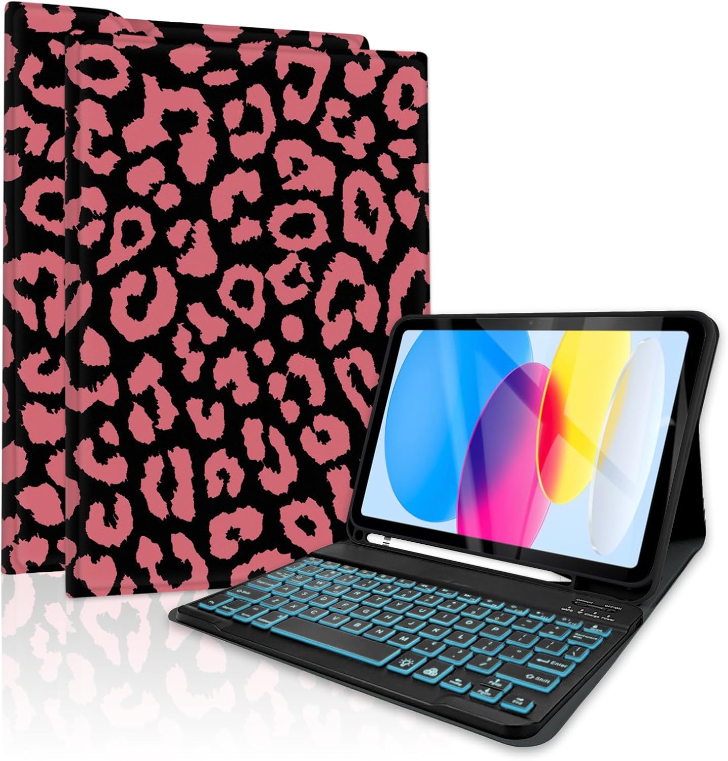 TopPerfekt for Bluetooth Keyboard iPad 10th Gen 10.9 inch (2022) case iPad (A16) 11th/ 10th Gen Case 11'' (2025) with 7-Color Backlights, Pencil Holder, Detachable, Rechargeable - Leopard Rose Pink