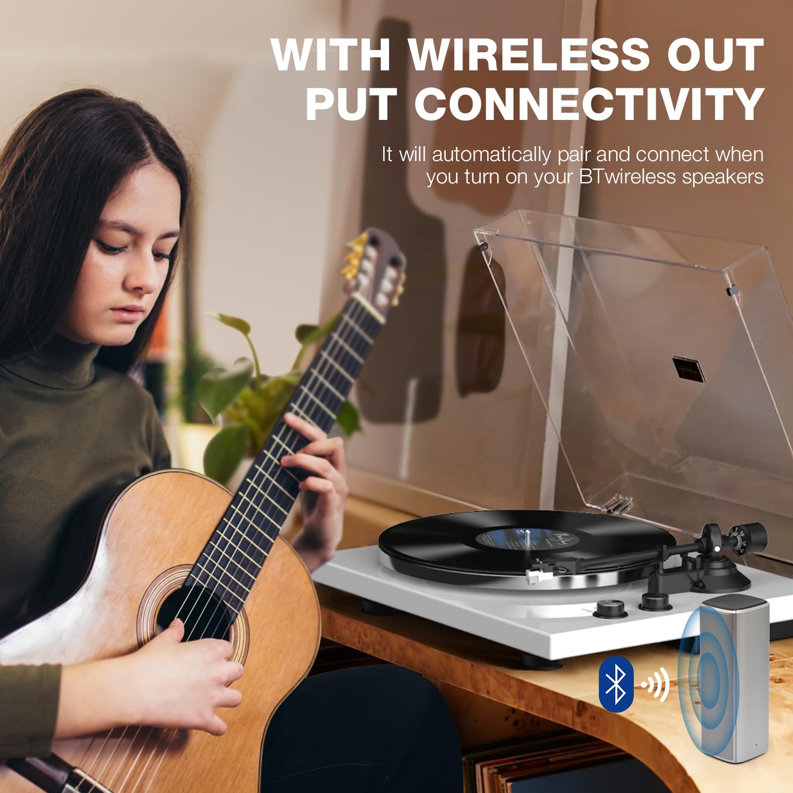 Giradischi Vinili Trasmissione a Cinghia con Connettività di Uscita Wireless, Lettore con Contrappeso Regolabile e Cartuccia Magnetica e 2 Velocità 33/45 RPM, Conversione USB, Linea Fono