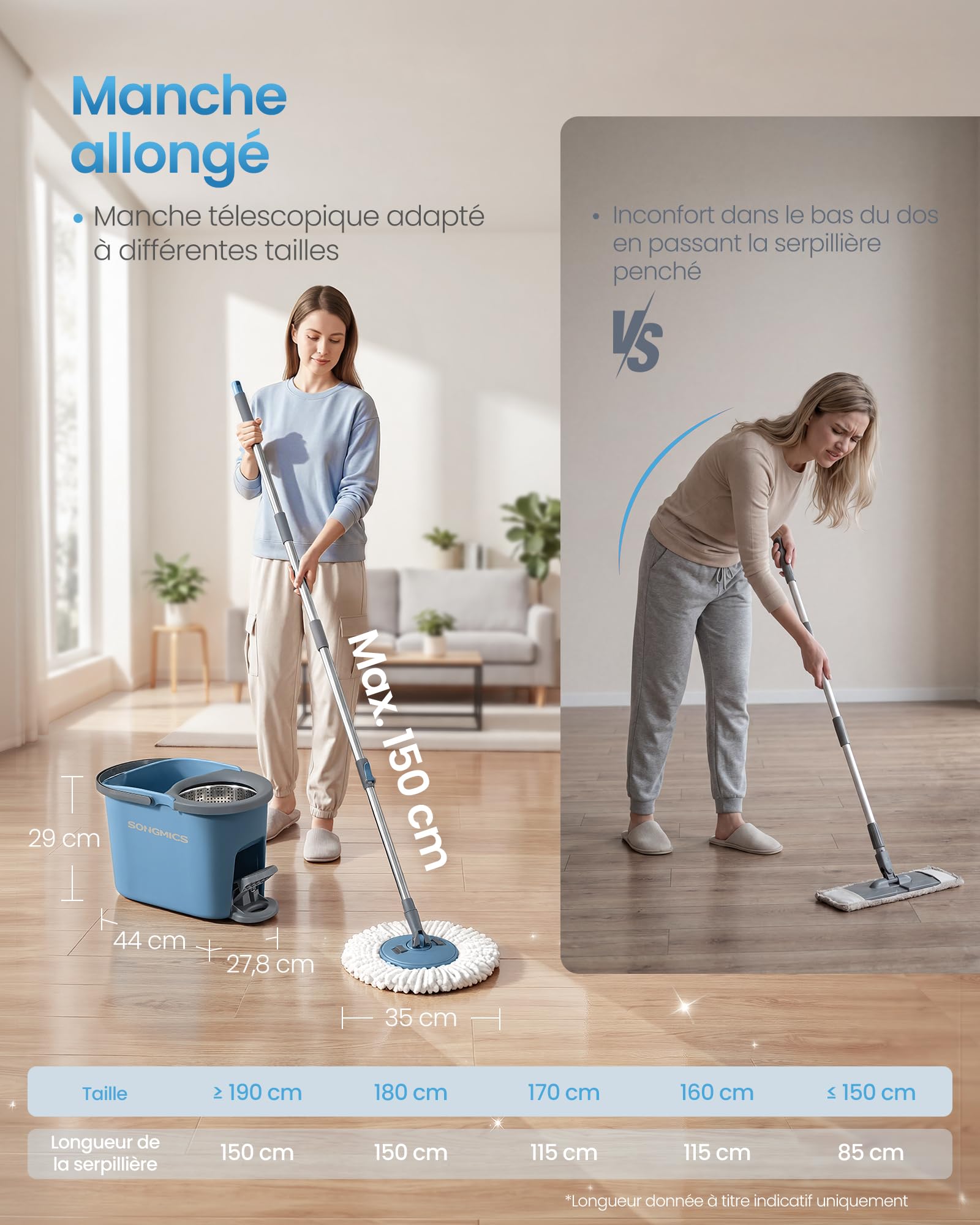 SONGMICS Ensemble Serpillère et Seau, avec Essoreur Rotatif, Balai Serpillière, Seau à Pédale, Manche Télescopique 122,5 à 150 cm, Tête Rotative 360°, 3 Chiffons Microfibres, Bleu et Gris LMB002QT03