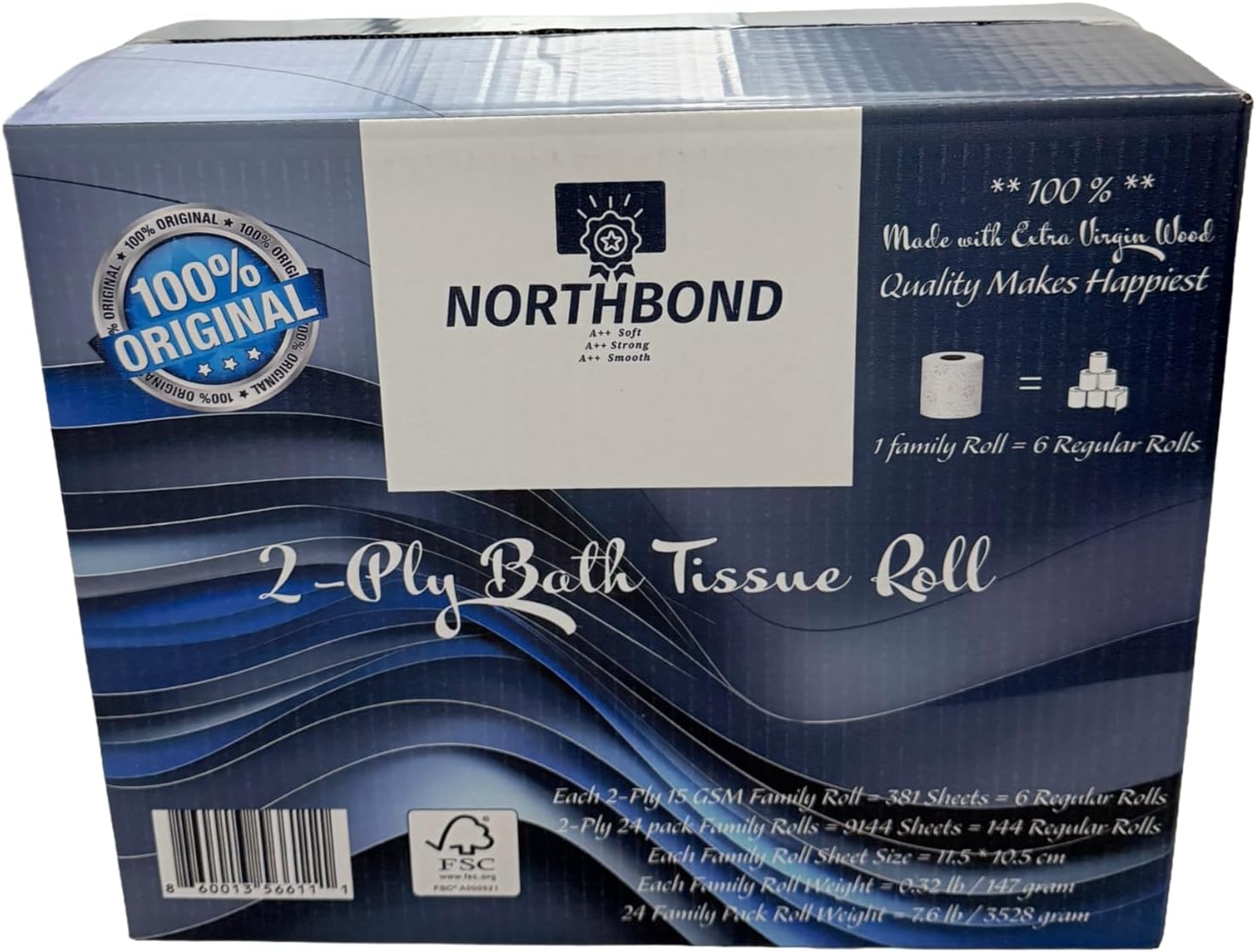 Northbond A++ Premium 2-Ply Bath Tissue - Soft, Strong, & Smooth - 24 Family Rolls (144 Regular Rolls Equivalent), 9144 Sheets, 100% Extra Virgin Wood, Septic Safe & FSC Certified.