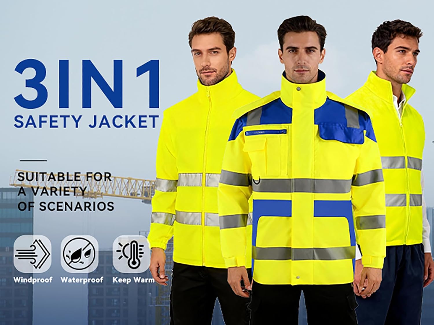 3 In 1 Reflective Safety Jacket 10 Pockets Construction Jackets ANSI Class 3 Winter Work Jackets for Men - Image 2