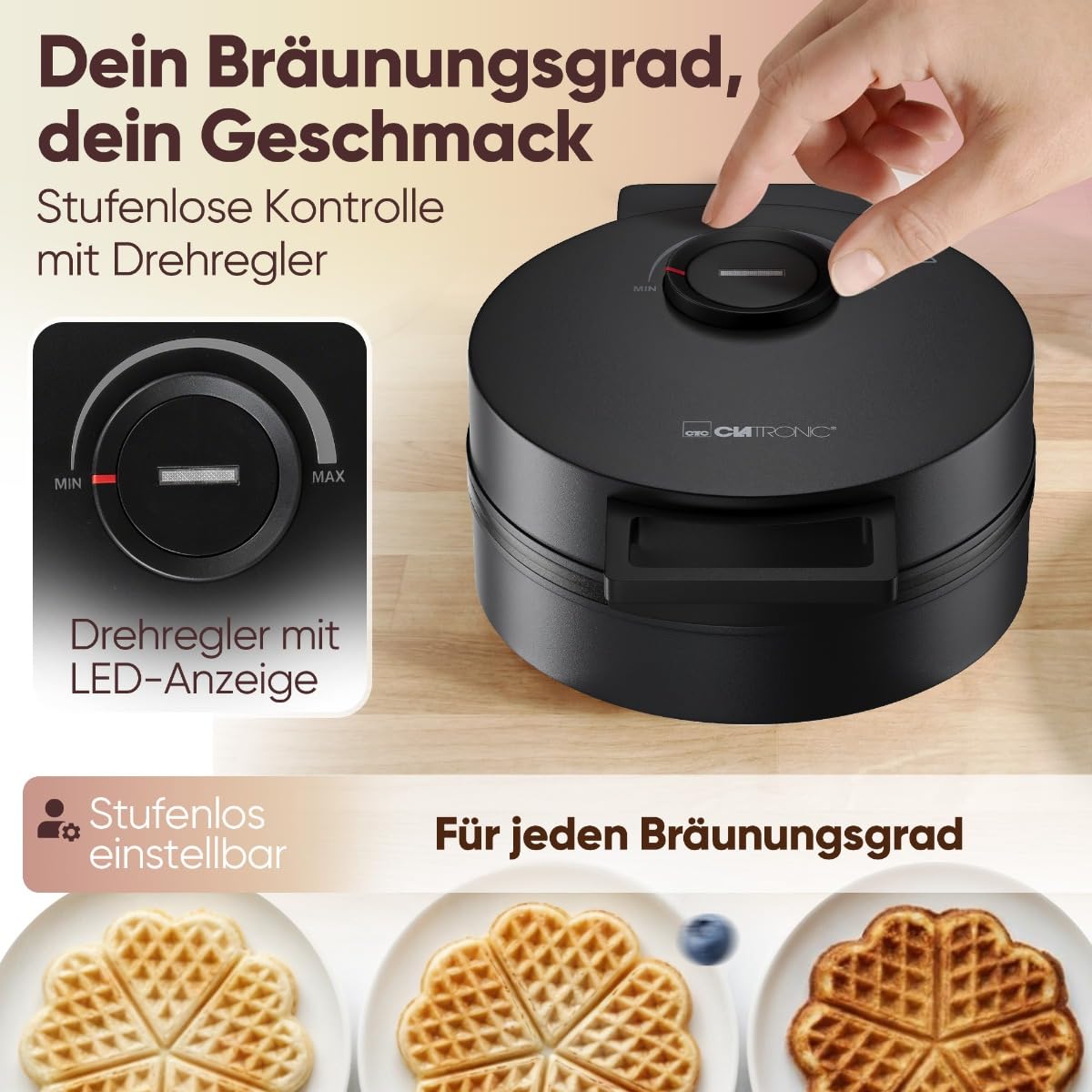 Clatronic WA 3832 gofrownica w kształcie serca | z powłoką zapobiegającą przywieraniu | bezstopniowy regulator do przyrumieniania według życzenia | waffle Maker | gofrownica w kształcie serca 1200 W |