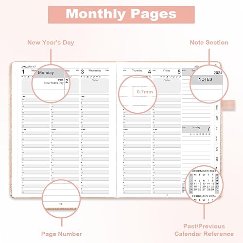Miniatura 3 de Ospelelf Agenda semanal y mensual de cuero 2024, 6 x 8 pulgadas, calendarios 2024, agenda de 12 meses, con calcomanías, bolsillo trasero, agenda