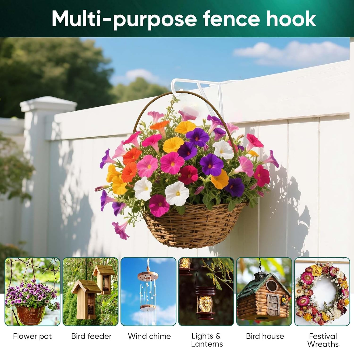 HiGift 3 Pcs Vinyl Fence Hooks 5 x 10 Inches, White Patio Hooks, Powder Coated Steel Heavy Duty Fence Hanger for Indoor & Outdoor Hanging Plants, Flower Basket, Bird Feeder, Lights, Pool Equipment