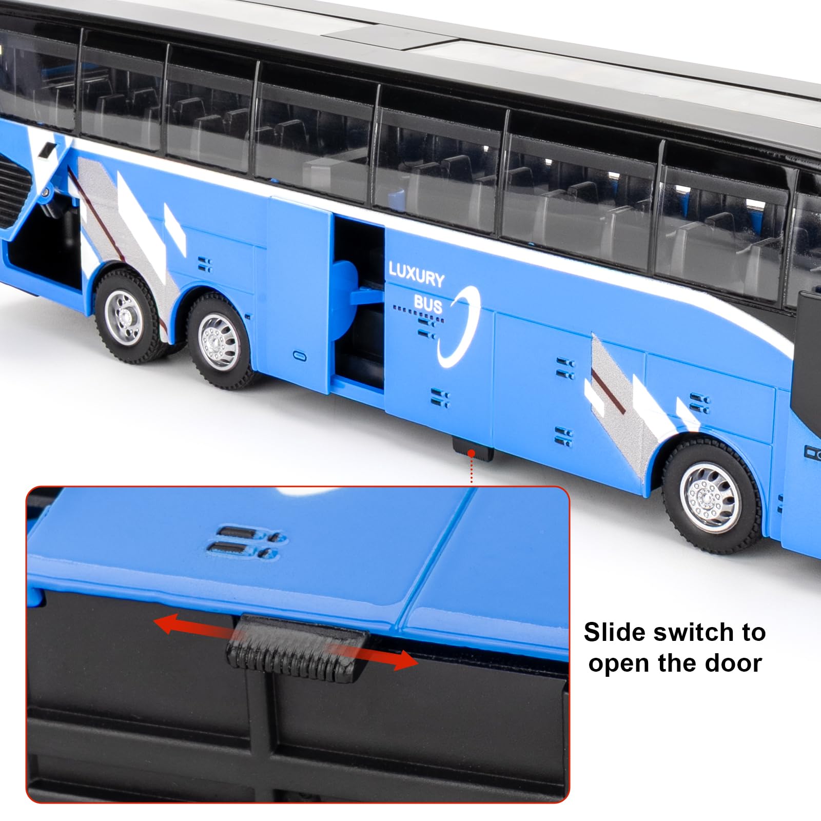 TGRCM-CZ 1/30 modelo de coche de autobús de lujo, coche modelo de vehículos de aleación de zinc con sonido y luz para coleccionistas y niños de más de 3 años de regalo de cumpleaños (azul)