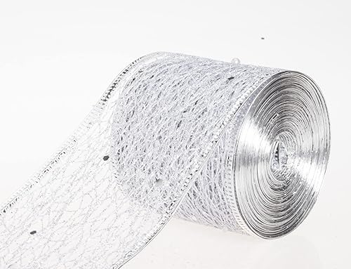 Miniatura 3 de Cinta de malla plateada con brillantina, cinta de borde con alambre de Navidad para decoración del hogar y árbol de Navidad, 2.5 pulgadas x 10 yardas