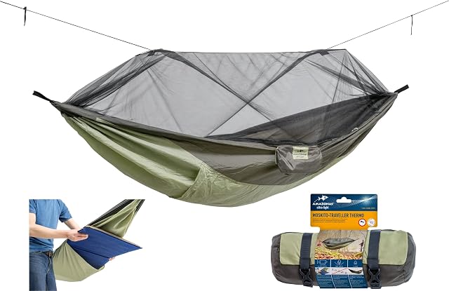 Amazonas Moskito-Traveller Thermo Hamak z Moskitierą, Zielony/Brązowy, 275 cm x 140 cm