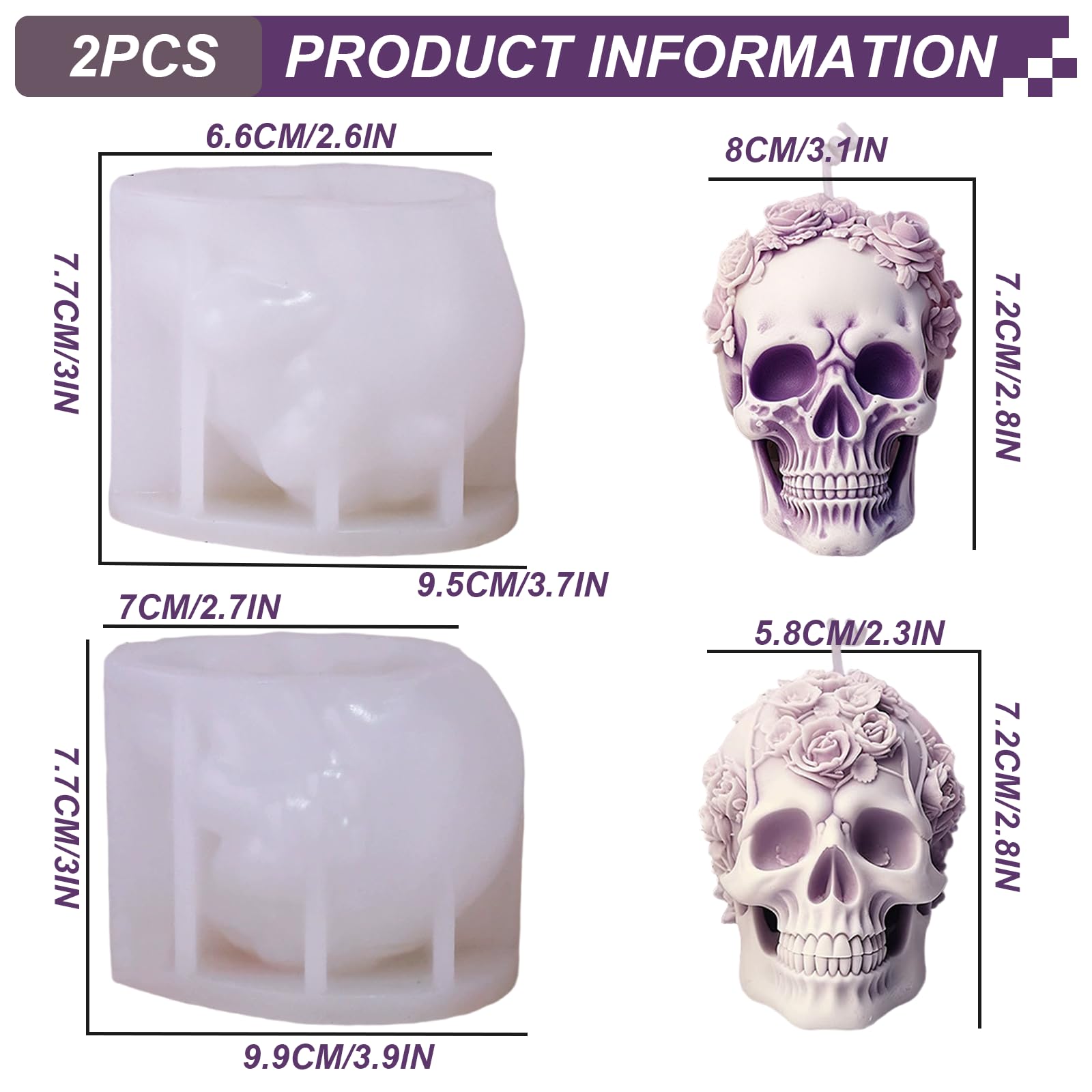 Pack De 2 Moldes De Silicona Para Halloween – Calavera Con Flor En 3D, Tamaño 7,7 X 9,5 Cm Y 7,7 X 9,9 Cm, Para Velas, Jabón Y Resina