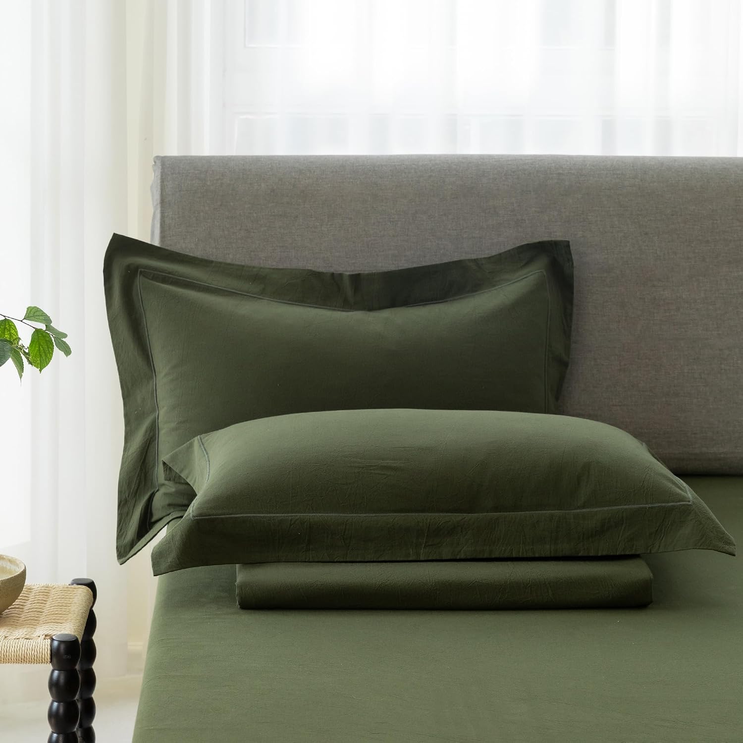 King Size Pillow Shams Set of 2 – 100% Cotton, Linen-Like Texture, Embroidered Flange Edge, Envelope Closure, Naturally Soft & Comfortable – Olive Green, 20"x36"