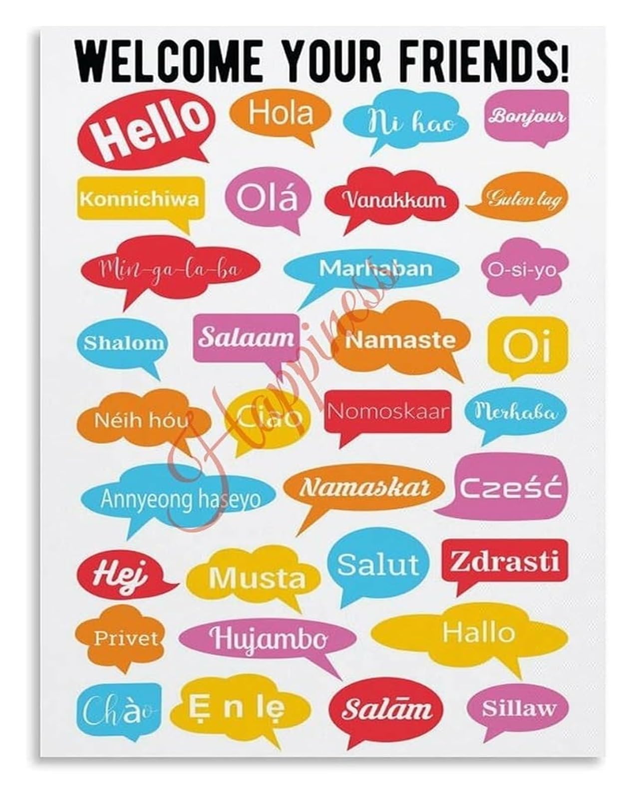 Multilingual Welcome Poster Different Languages Global Classroom Decor Canvas Wall-Art(Framed,08x12inch(20x30cm))