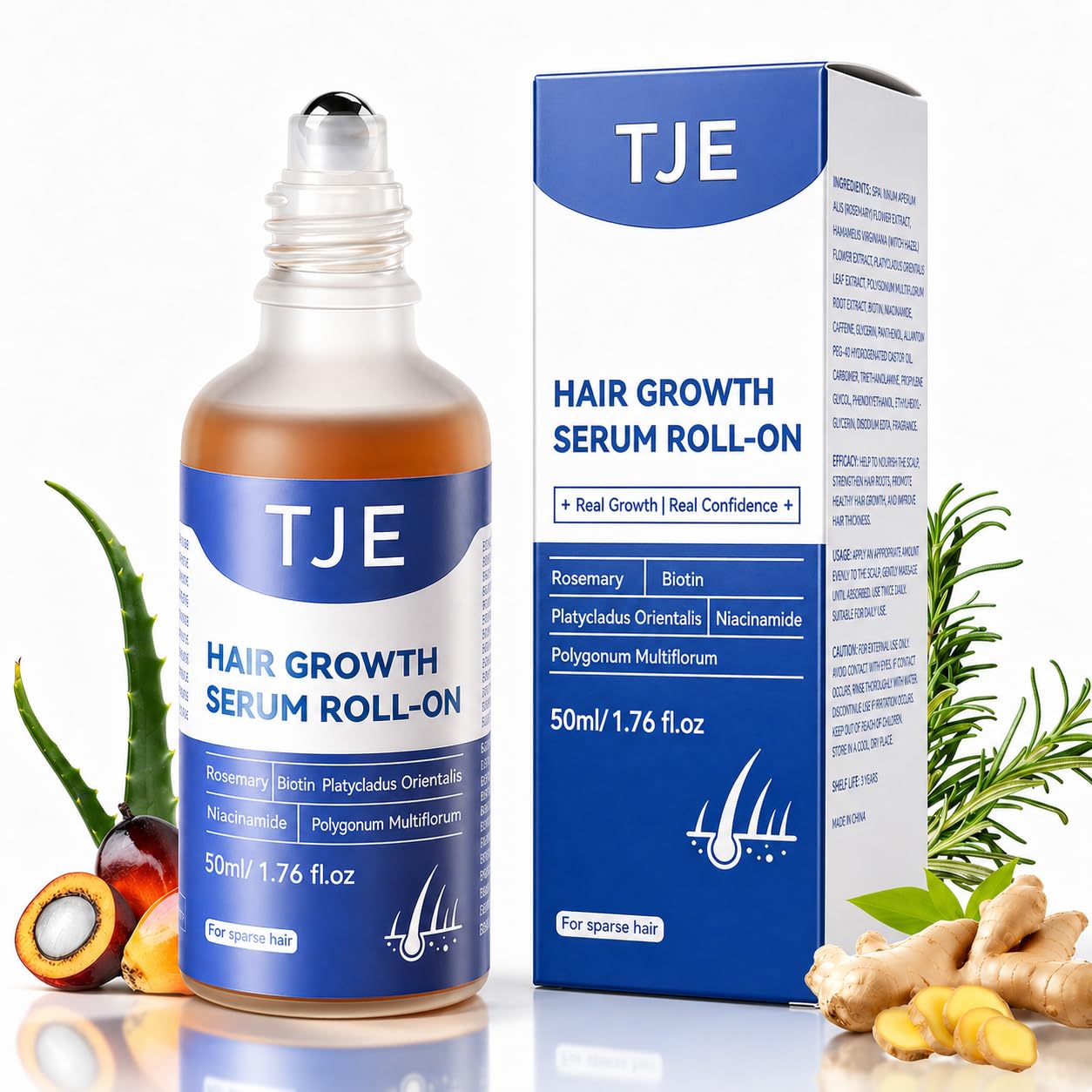 Hair Growth Serum Roll On 1.76 fl oz Value Pack, 3% Rosemary Complex, 2% Ginger, Niacinamide and Caffeine, Hair Growth Serum for Thinning Hair, Non Greasy Scalp Serum for Women and Men Gift