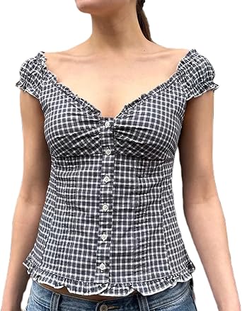 Women Y2K Cap Sleeve Tops Deep V Neck Solid Color Slim Fit Button Ruffle Low Cut Going Out Crop Tops Streetwear