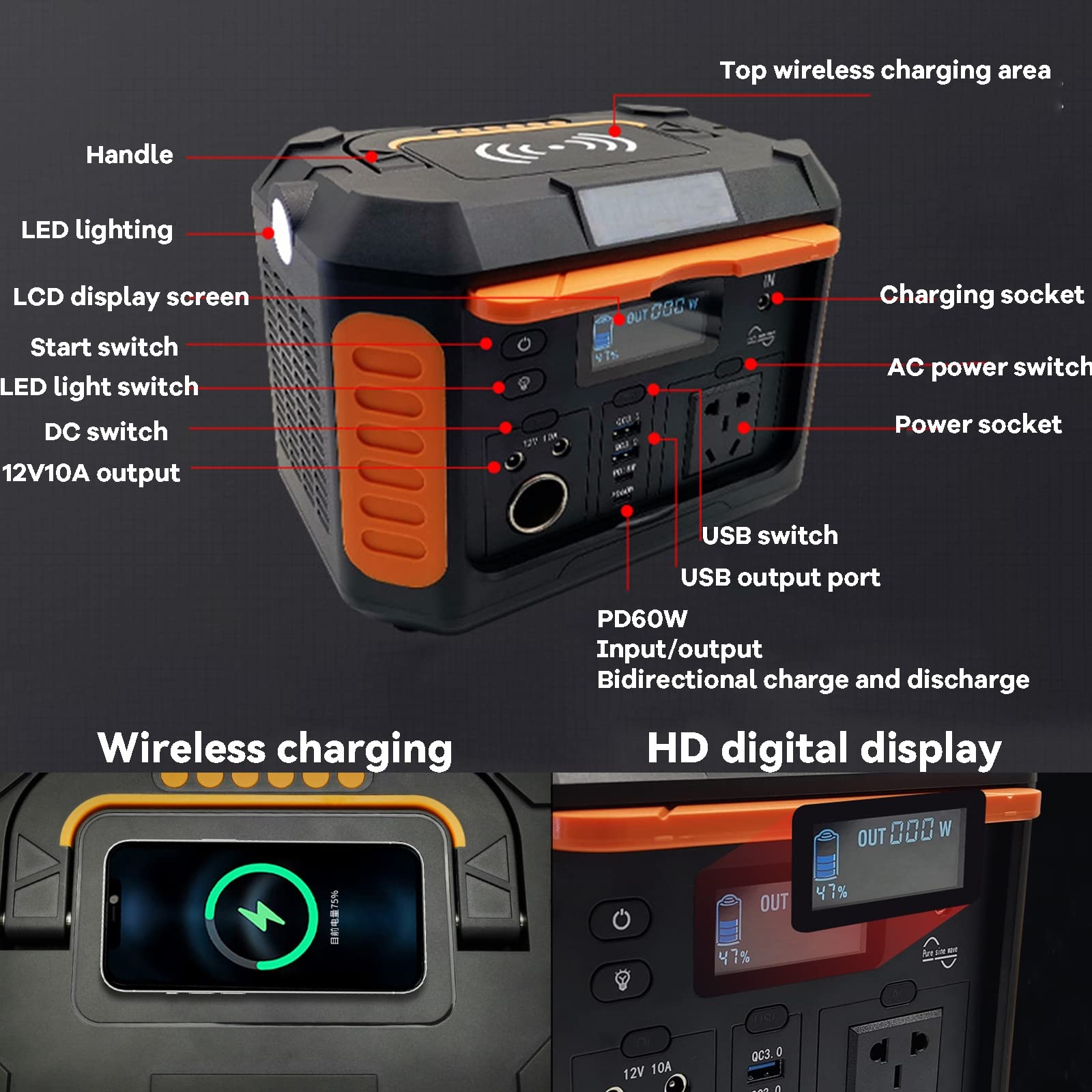 Generador Solar Portátil, Electrico Estación De Energía Portátil 160800MAH 595Wh 500W Salidas AC/DC/USB Onda Sinusoidal Pura Power Station Para Emergencia Camping Acampar Viaje