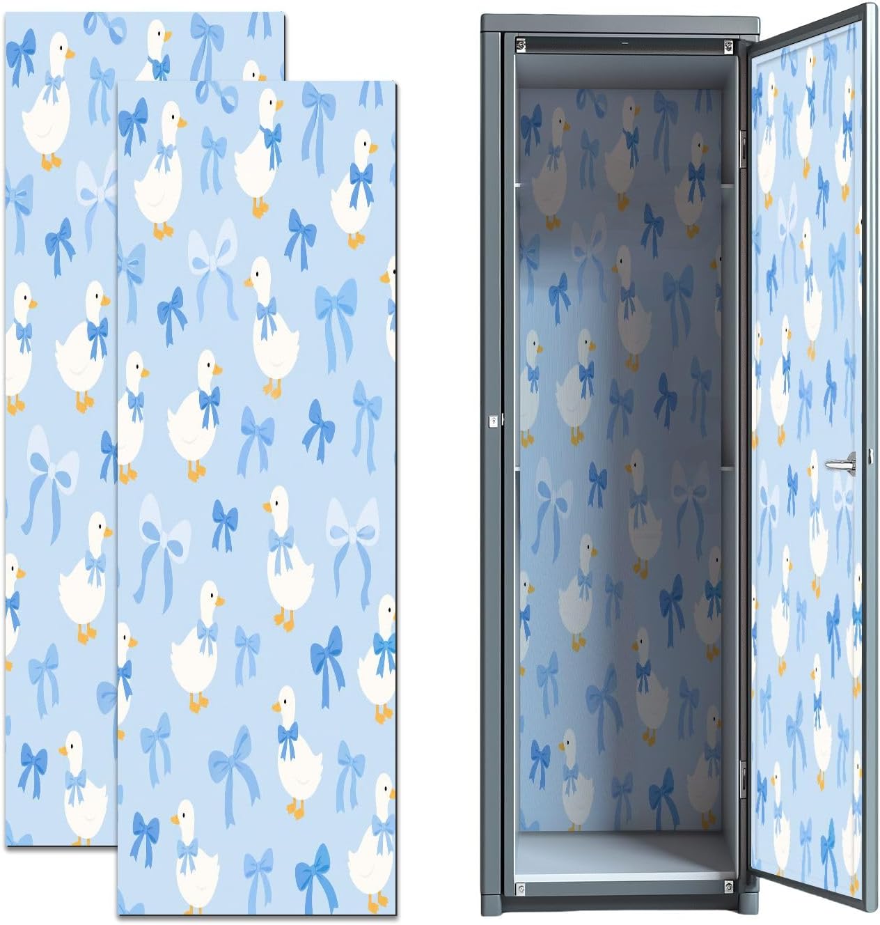 12"x36" Magnetic Locker Wallpaper 2 Pcs with Cute White Ducks Blue Bows Print