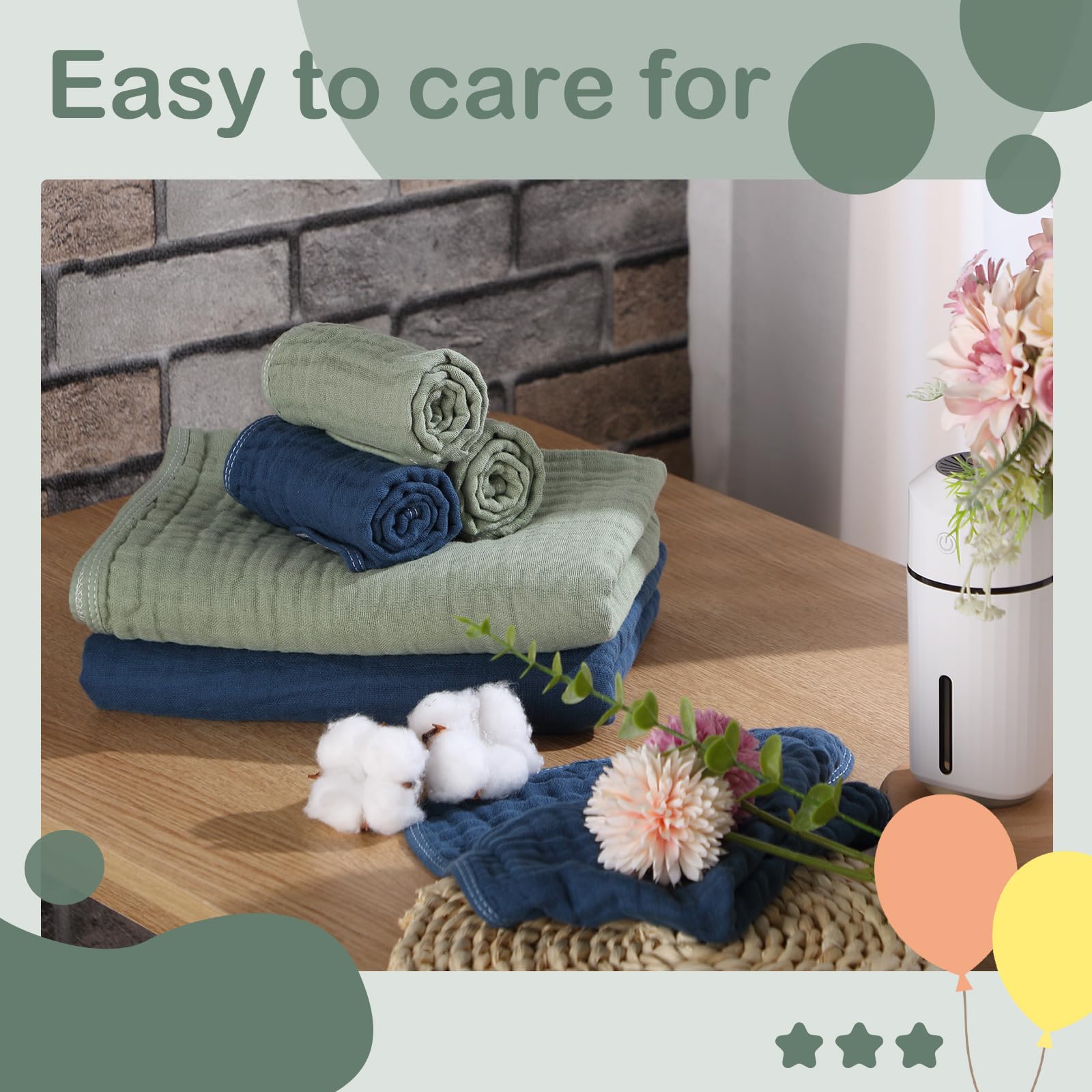 VitalCozy 6 asciugamani da bagno e asciugamani con cappuccio in mussola, 81 x 81 cm, asciugamani per bambini in mussola di cotone con cappuccio blu verde assorbente coperte con cappuccio neonato