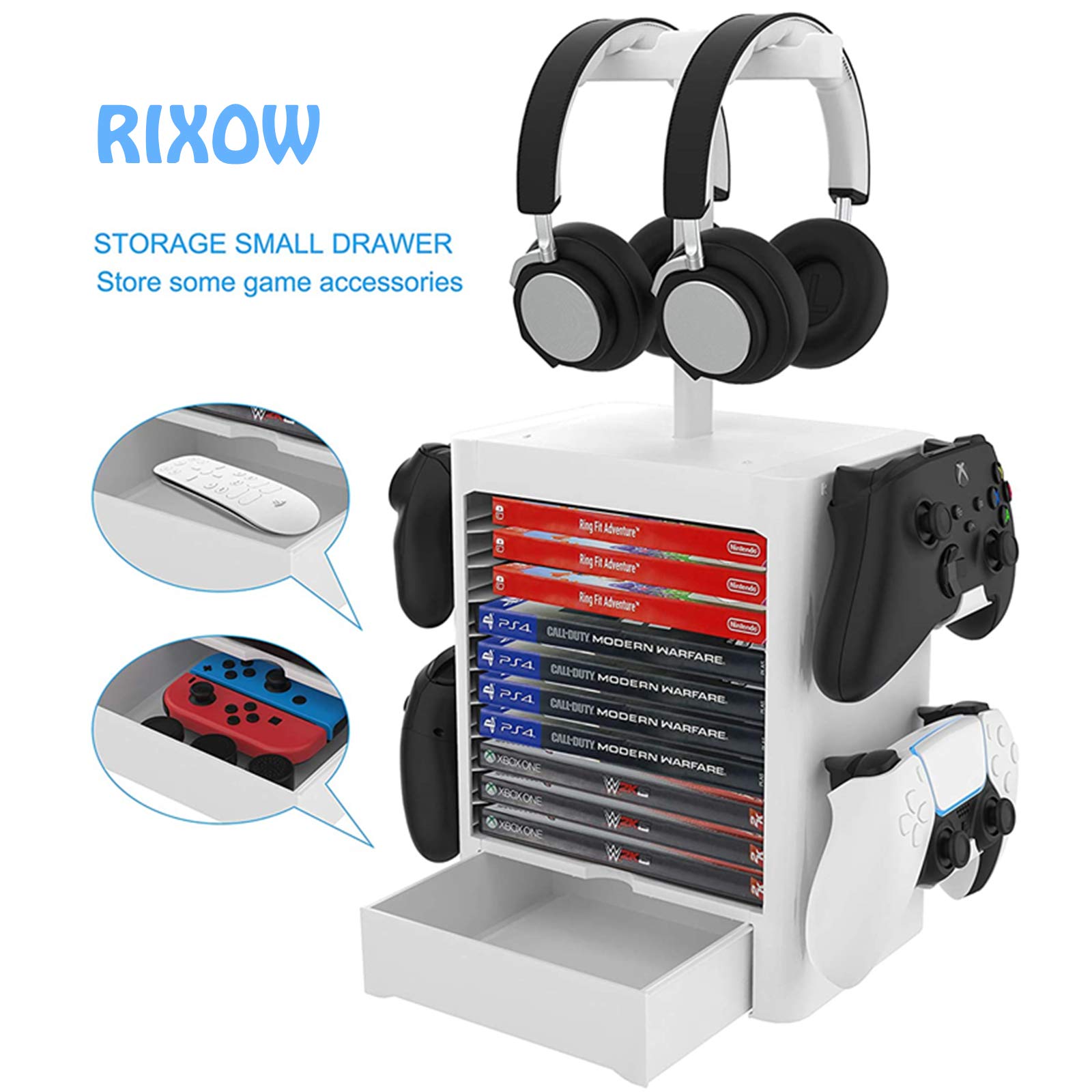 Supporto di Immagazzinaggio Multifunzione per Giochi, 10 Rack per Dischi di Gioco con Cassetto, Supporto Verticale per Controller per Cuffie Compatibile con PS5 PS4 Xbox Series, Grigio Chiaro