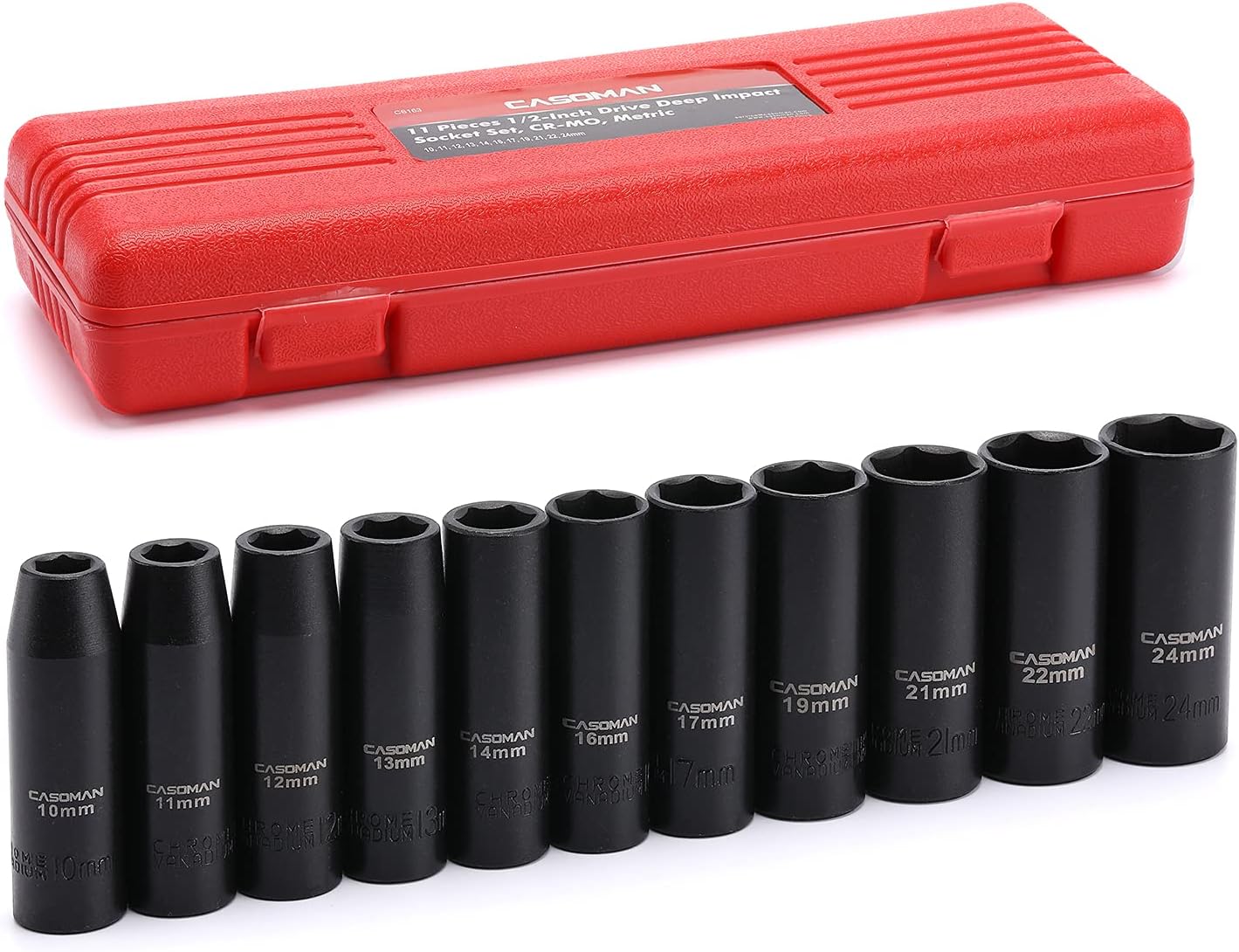 CASOMAN 11 Pieces 1/2-Inch Drive Deep Impact Socket Set, 6-Point, Metric, 10mm to 24mm