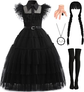Long Black Dress for Women Halloween Costume with Accessories Wig Necklace for Role Cosplay Birthday Party
