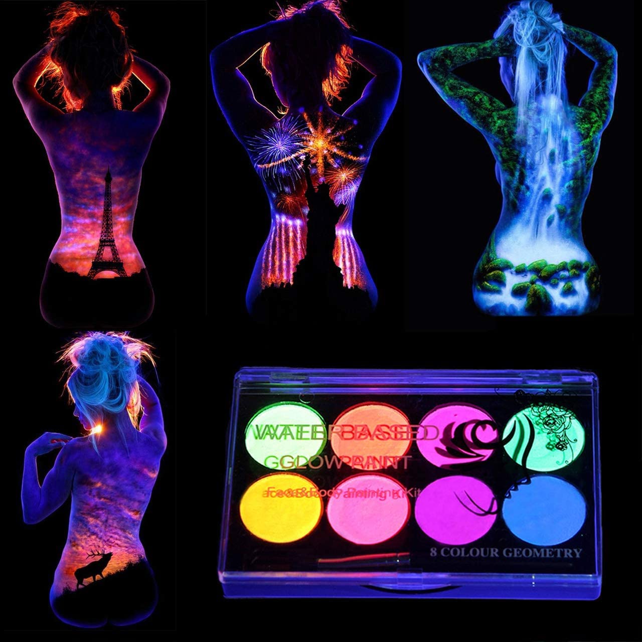 CCbeauty UV Glow Body Paint Neon 8 Fluorescent Colors Face Body Glow Black Lights Makeup Water Activited with 11 Painting Brushes Non-Toxic for Halloween Costume Masquerades Club Makeup : Beauty & Personal Care