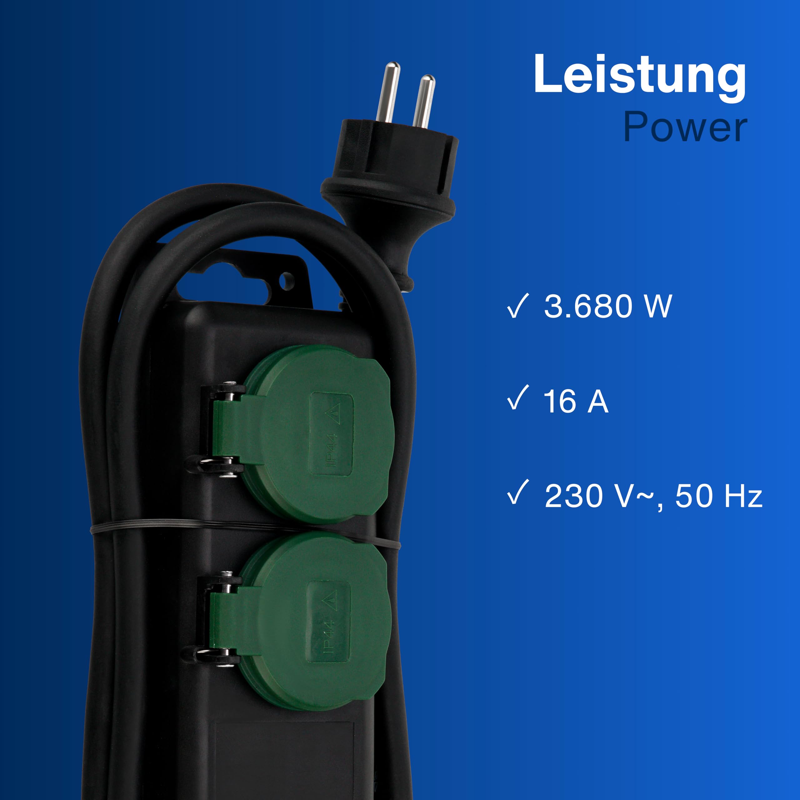 REV Listwa zasilająca z 2 gniazdami, IP44, idealna do ogrodu i na taras, kabel 1,4 m, maks. 3680 W, czarno-zielona