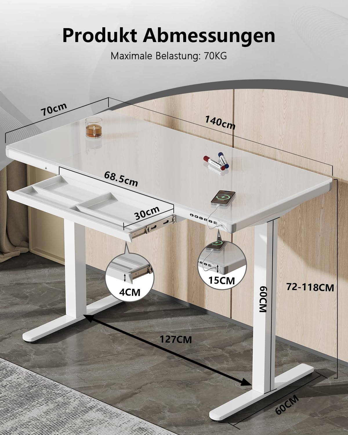 Homall Glas Höhenverstellbarer Schreibtisch, 140 x 70 cm Elektrischer Höhenverstellbarer Schreibtisch mit Schublade, Sitz- und Steh-Schreibtisch für Home Office, weiß