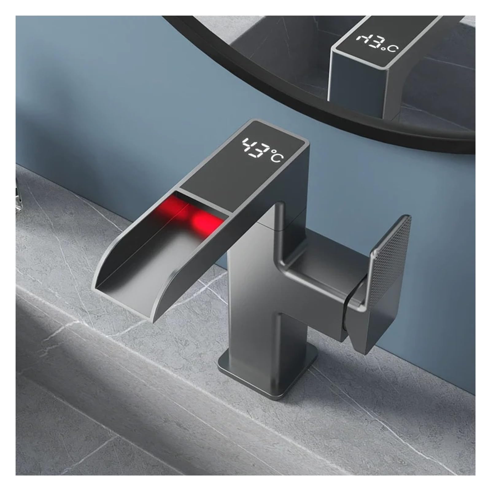 Grifo de baño, Grifo de baño en cascada, grifo monomando para lavabo SUS 304 gris con pantalla LED, frío y caliente(Grey)