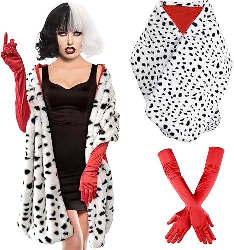 Apragaz 2 pcs Halloween Costume for Women, Dalmatian Shawl with 1920s Red Gloves, Black and White Faux Dalmatian Scarf for Halloween Cosplay Party
