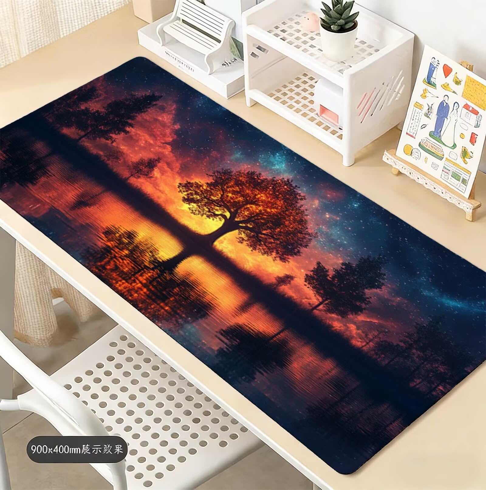 Podkładka pod mysz do gier Drzewo Podkładka pod mysz XXL 1400 x 600 mm, podkładka pod biurko podkładka pod mysz nad jeziorem z antypoślizgową gumową podstawą Wodoodporna szyta krawędzia, do pracy
